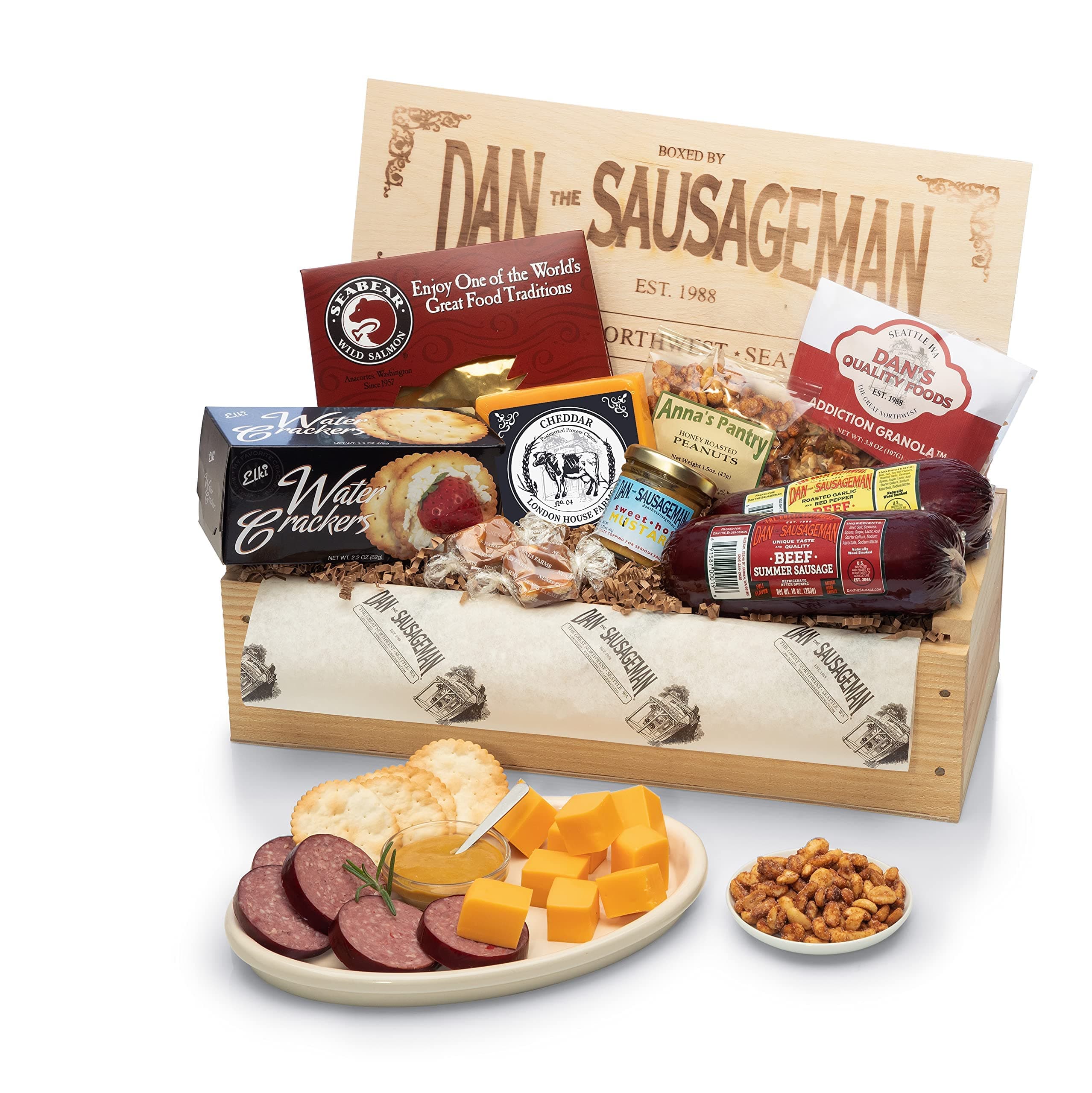 Dan the Sausageman's Signature Gift (Favorite) Gourmet Gift Basket Featuring Smoked Summer Sausage, Savory SeaBear Salmon, Wisconsin Cheese, Sweet Hot Mustard, and a Reuseable Keepsake Wood Pine Crate