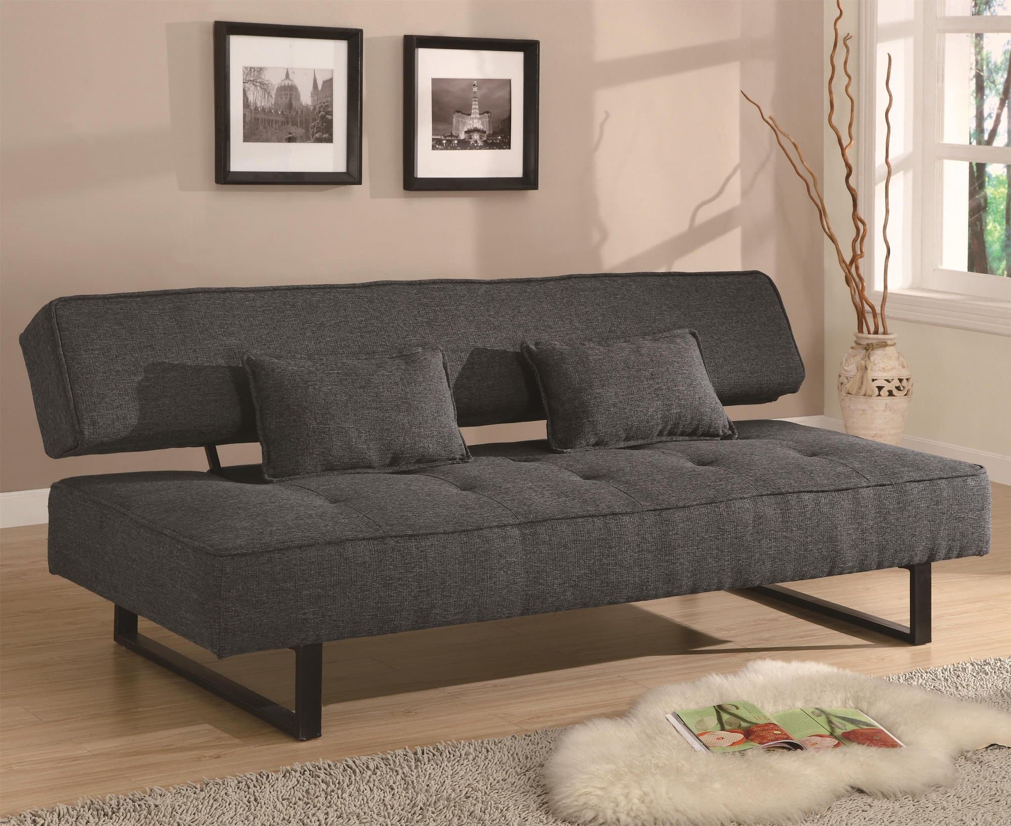 Contemporary Style Armless Sofa Bed in Grey Flax Upholstery with 2 Accent Pillows!