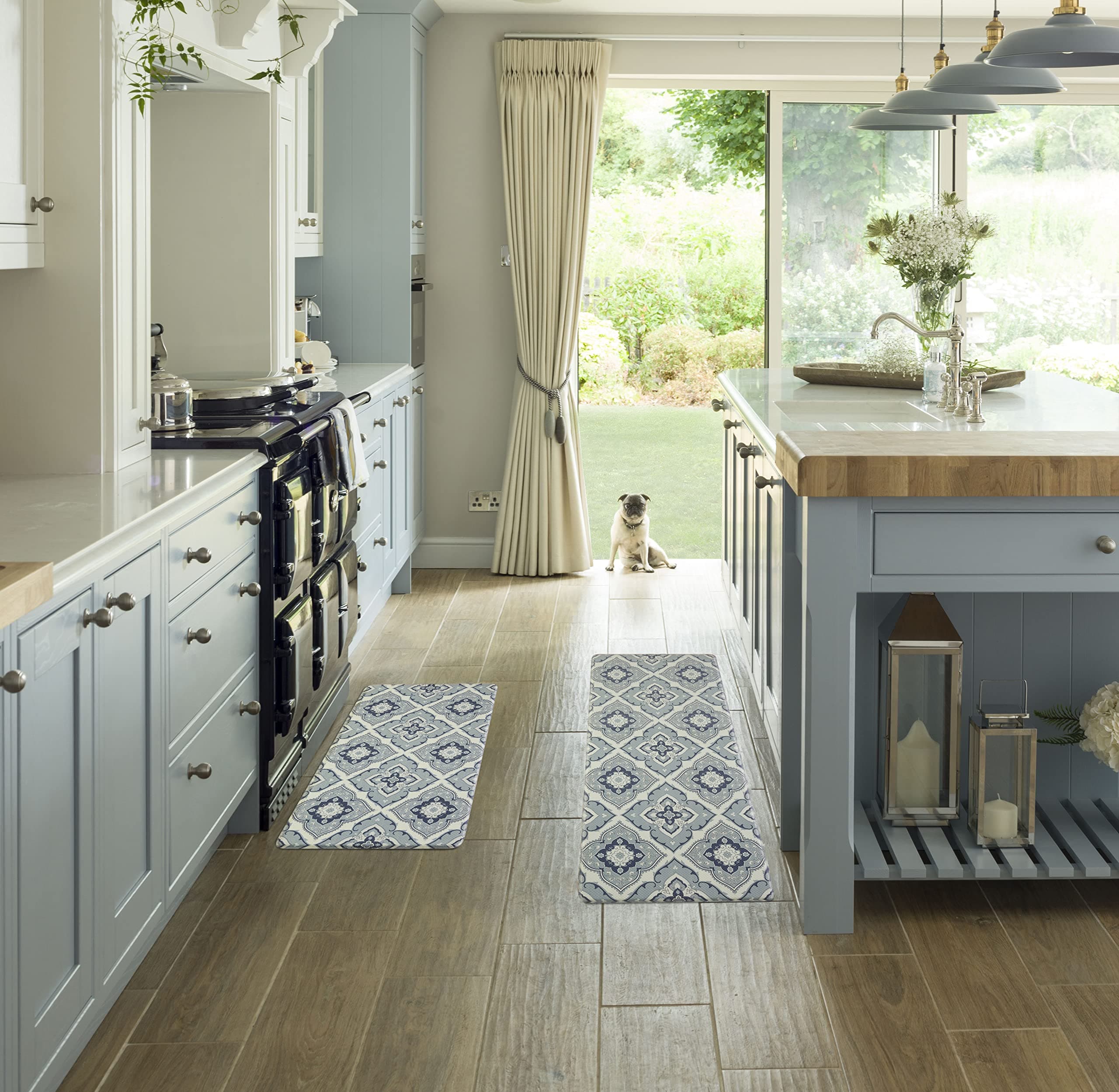Laura AshleyAnti-Fatigue Kitchen Mat Set, Allie Medallion Design, Stain, Water & Fade Resistant , Cooking & Standing Relief, Non-Slip Backing, Set 17.5” x 48” and 17.5" x 28", Light Blue