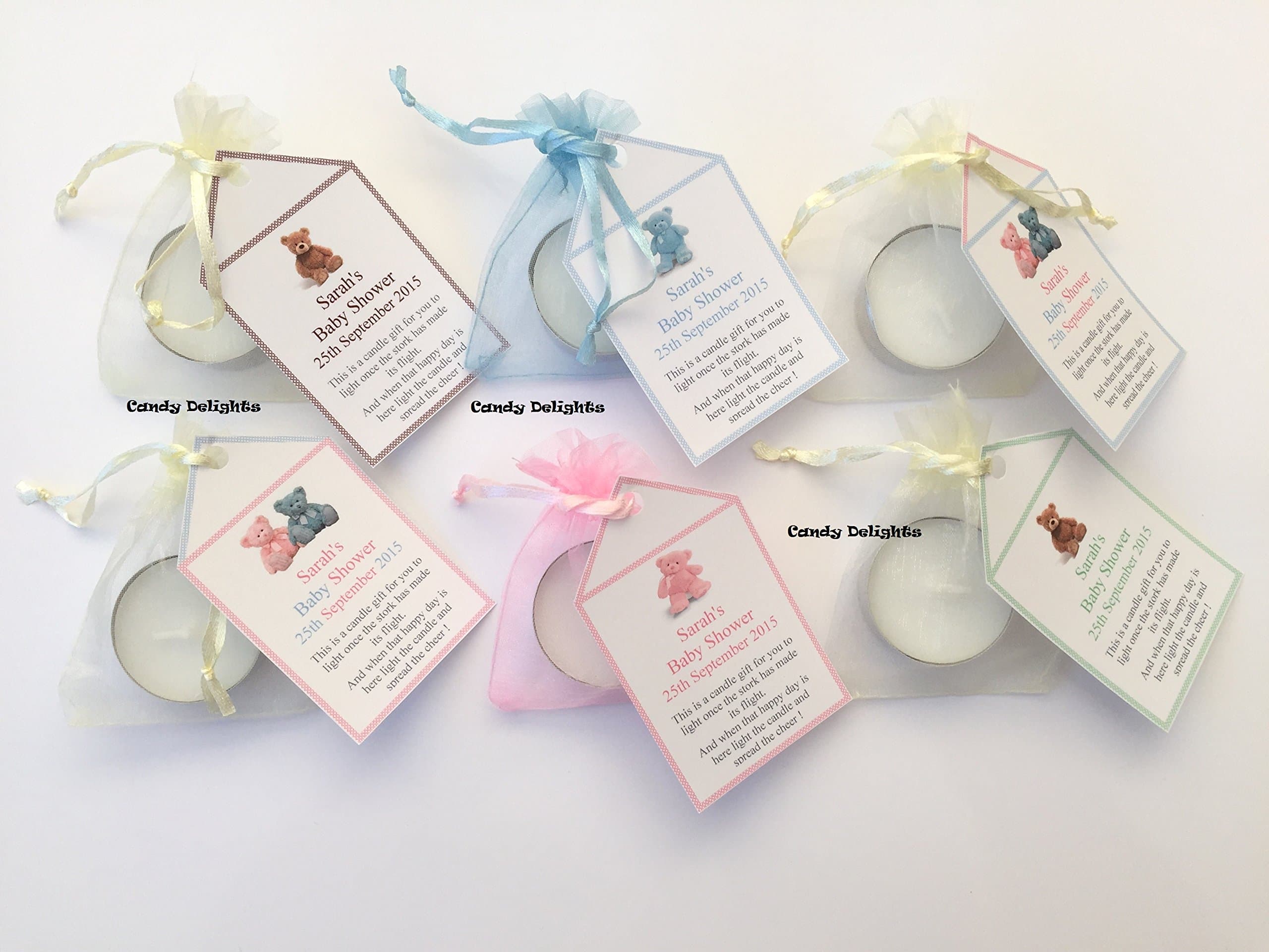 40 Baby Shower DIY Organza bag, Candle & Personalised Tag Favours