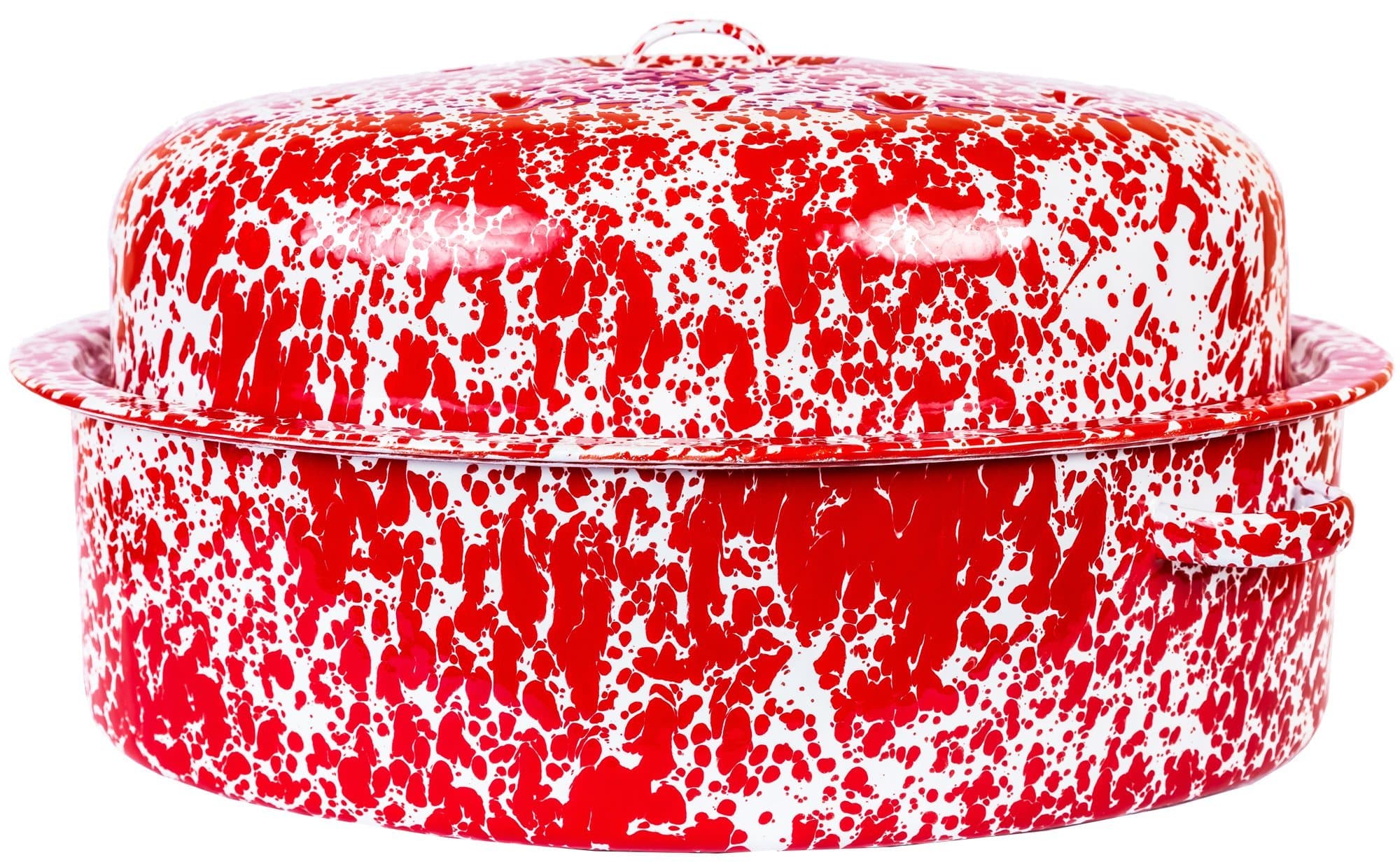 Enamelware Large Oval Turkey Roaster, Red/White Splatter