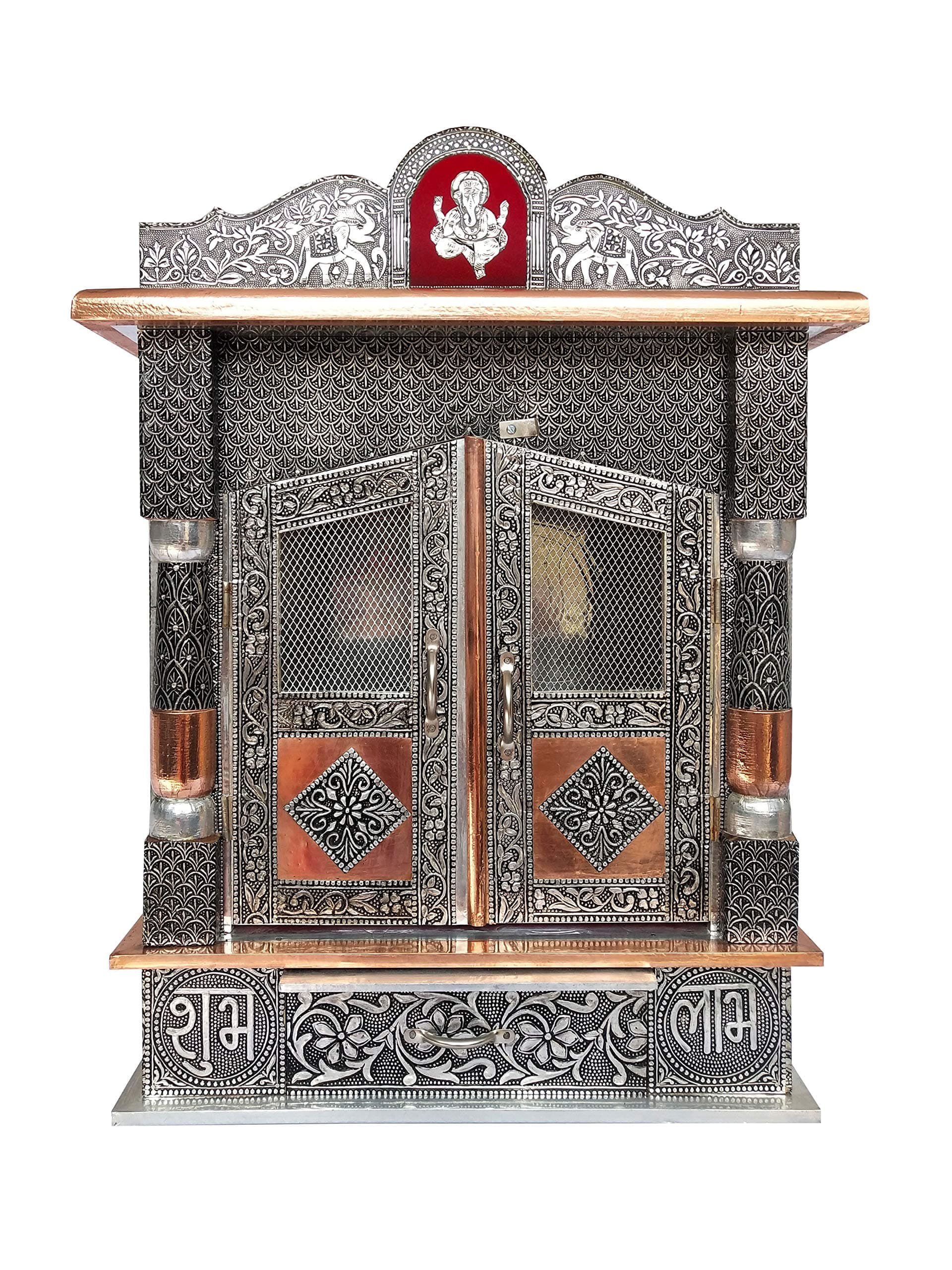 Brilliant Home Designs Wood Aluminium and Copper Oxidized Home Temple/Ghar Pooja Mandir B-7 inches Door (Silver, Size- L-15 )