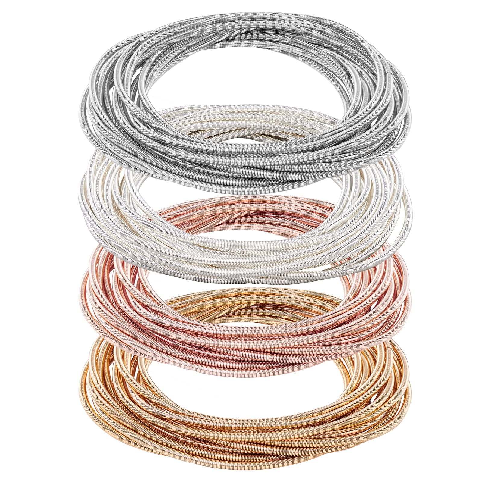BENECREAT 60Pcs 4 Colors 2-1/4 inch Guitar String Bracelets, Rose Glod Platinum Light Gold Silver Flexible Steel Wire Layered Bracelet, 2-1/4 inch, Stainless Steel Silver Platinum, no gemstone