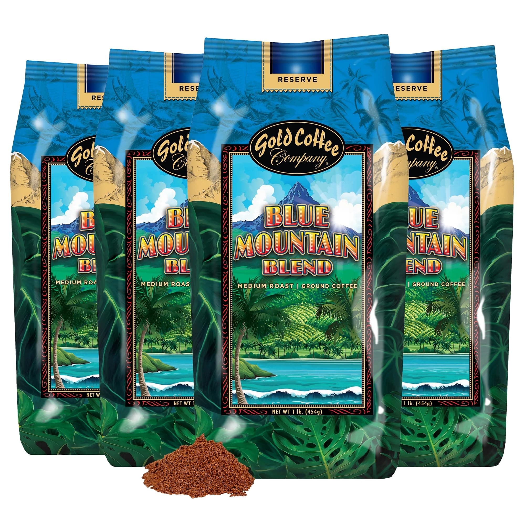 Gold Coffee Co. Blue Mountain Premium Blend - Medium Roast, Finely Ground 100% Arabica Coffee - Notes of Cocoa, Sweet Honey, Citrus Notes, 1 lb. (Pack of 4)