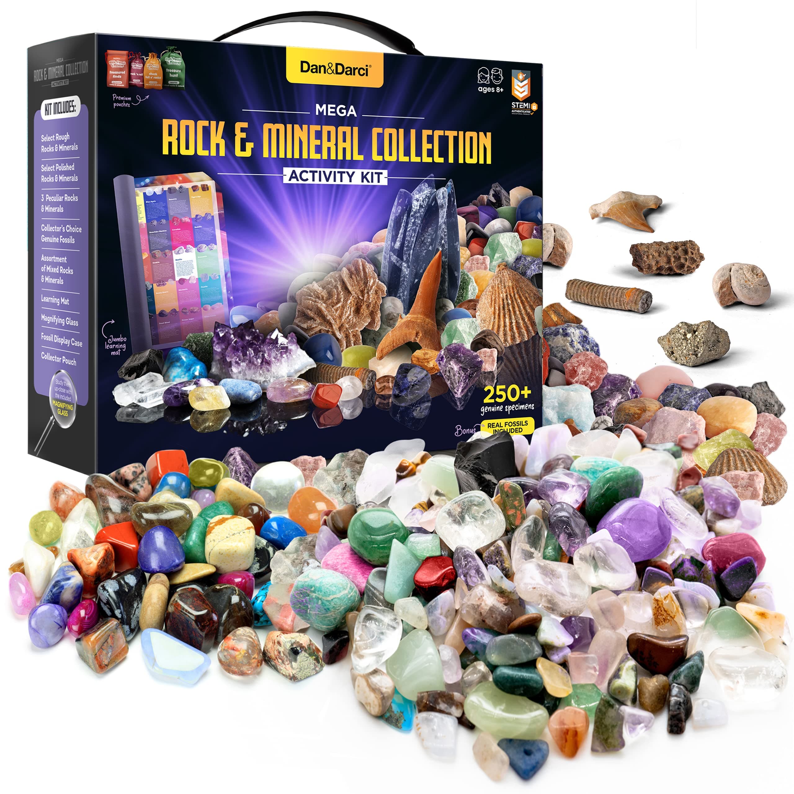Dan&DarciRock Fossil & Mineral Collection & Activity Kit. Includes 250 Real Gemstones Crystals Sprning Mat Science Gift for Kids Bulk Rough Rocks Polished Gem Stones Genuine FossilsMulticolor
