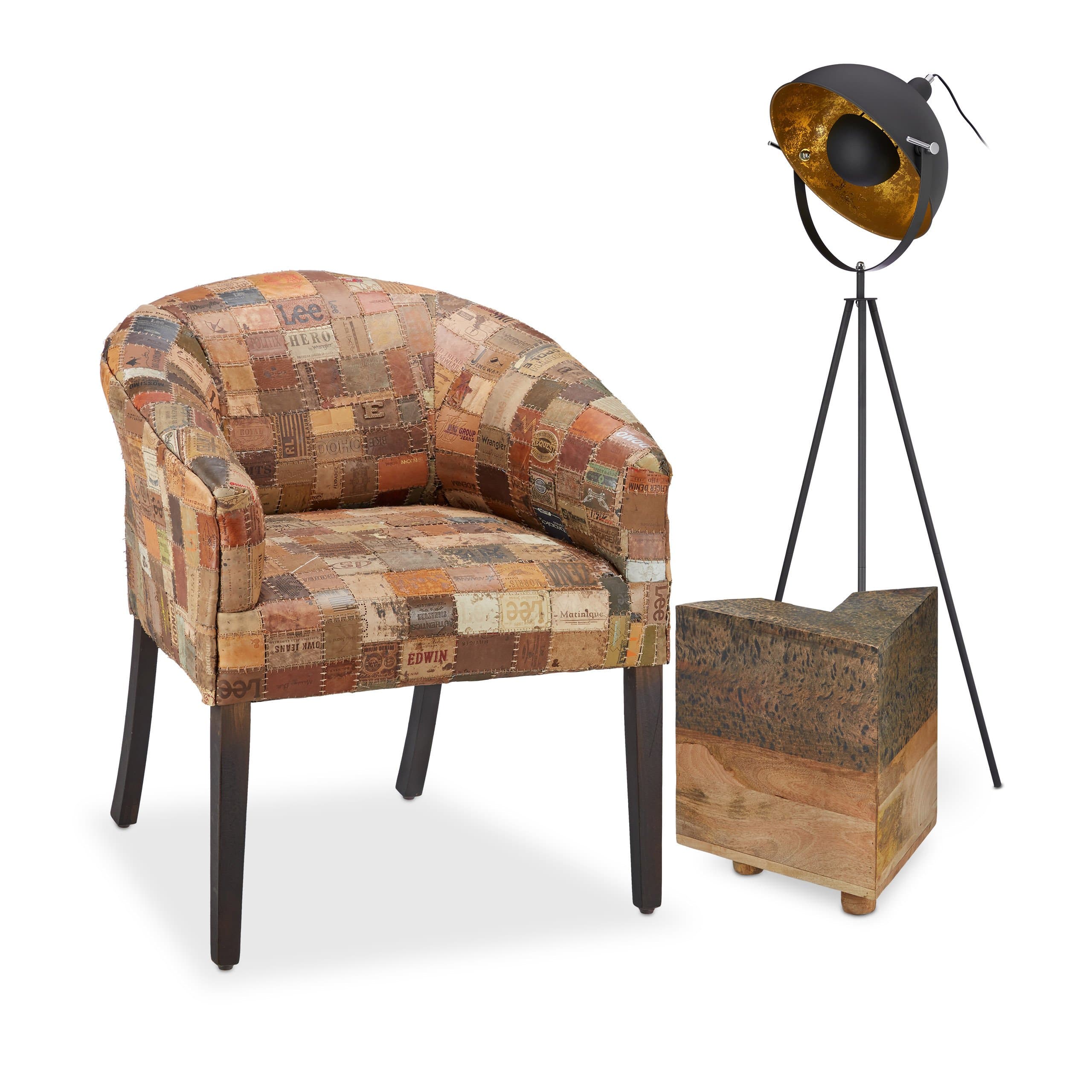 Native Home Patchwork Club Chair, Relaxing Armchair with Armrests, Low Recliner, HWD: app. 80 x 70 x 70 cm, Brown