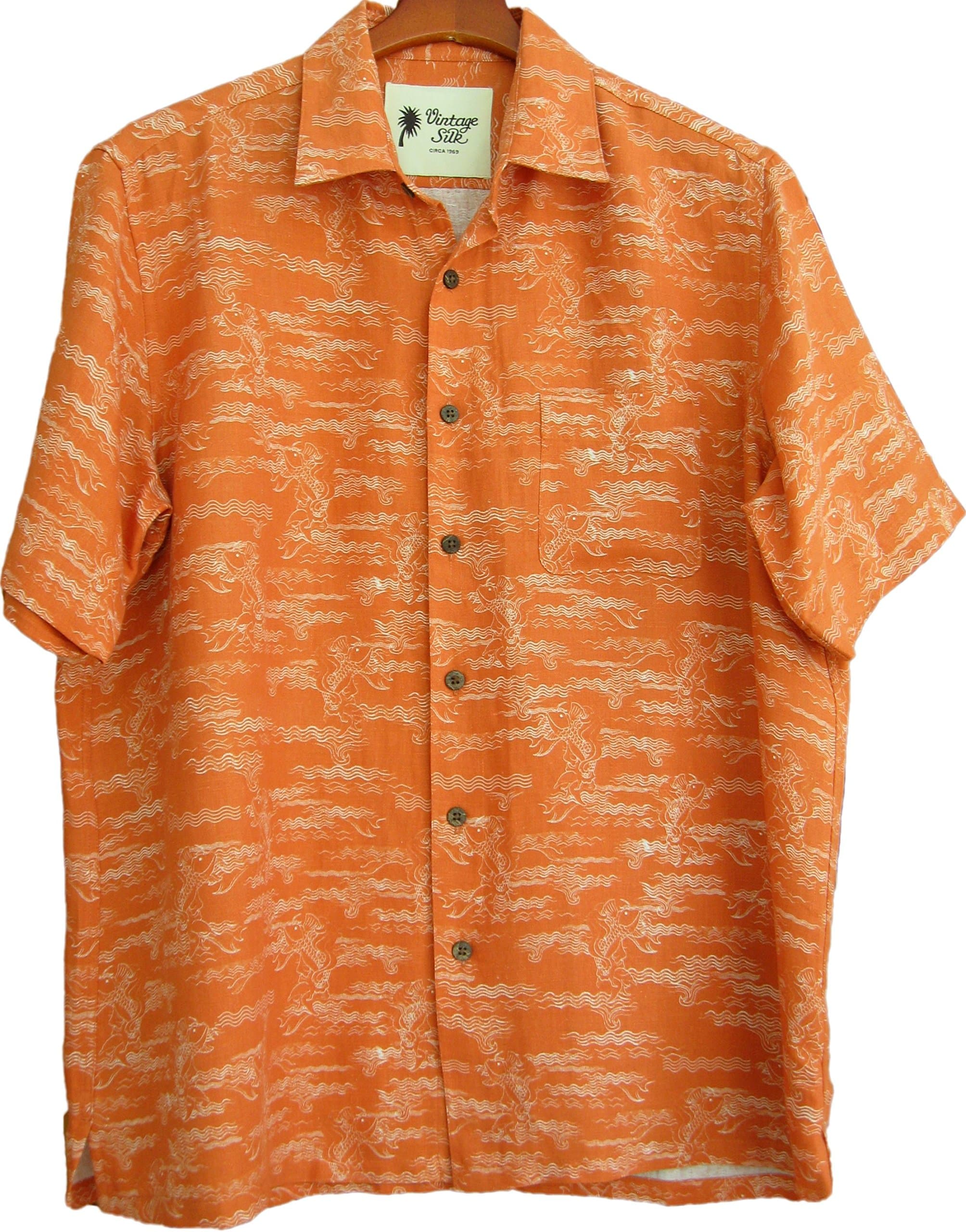 Mens Silk Linen Blend Hawaiian Camp Shirt Orange Floral Casual (XL)