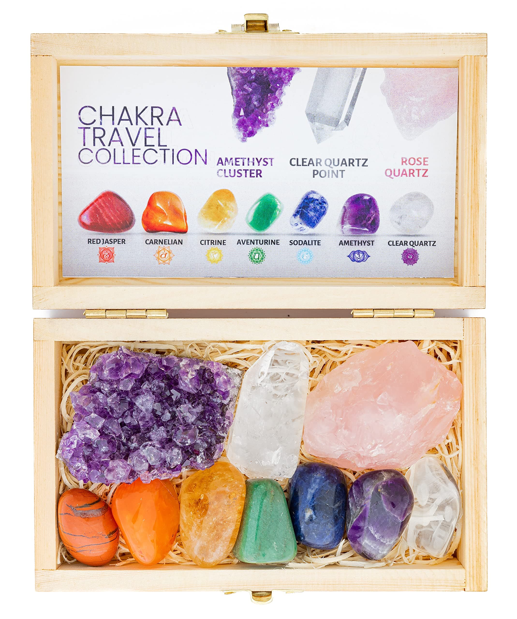 CRYSTALYA Travel Chakra Crystals and Healing Stones in Wooden Gift Box + 50pg EBOOK – 7 Chakra Tumbled Gemstones, Amethyst Crystal, Rose Quartz, Quartz Crystal Point, Stone Guide, Made in U.S.A.