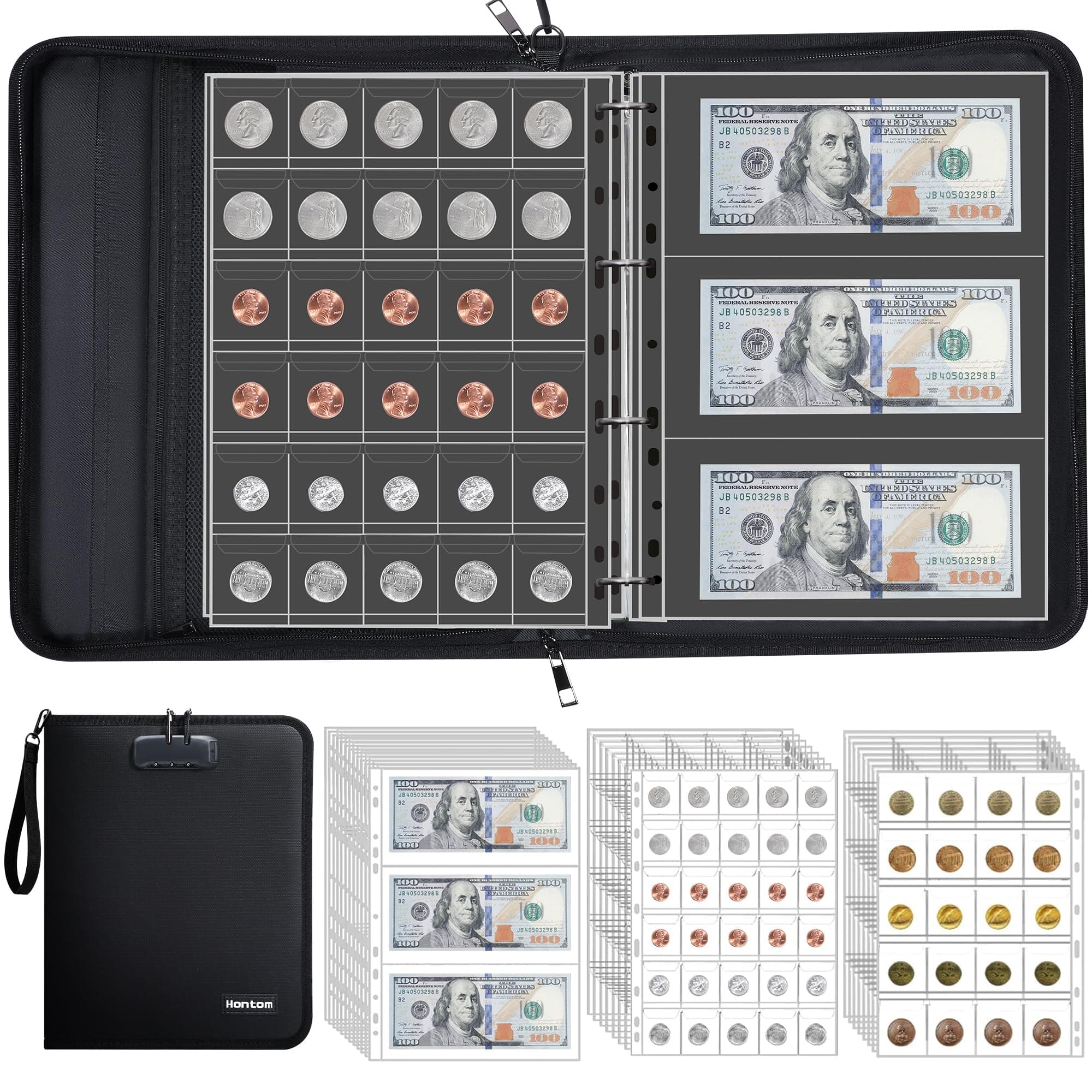 Coin Collection Album for Collectors with Lock, 400 Pockets Fireproof Coin Holder Book & 36 Paper Currency Binder Sleeves, Coin Storage Collecting Organizer for Pennies,Bill,Tokens,Badges