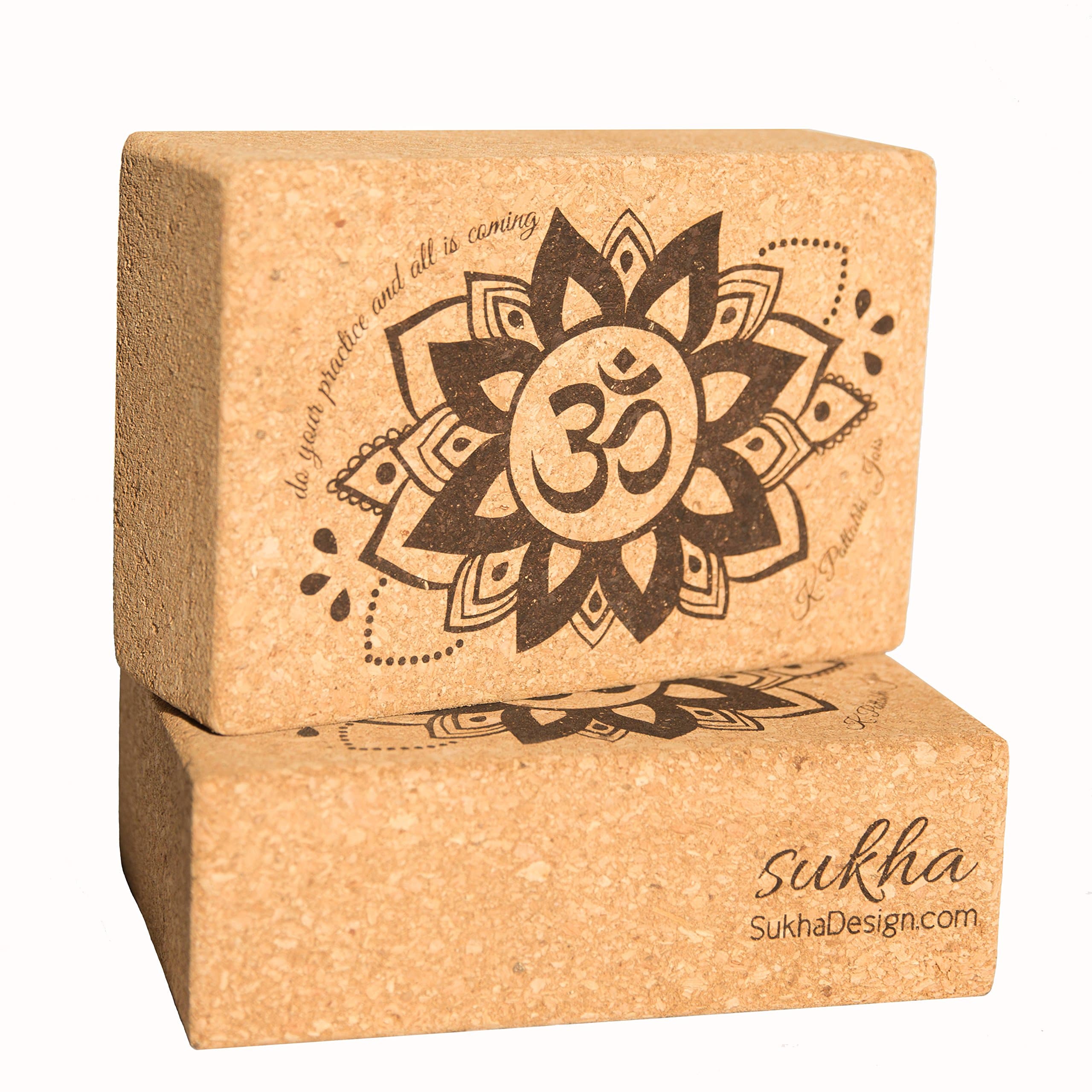 Sukha Designs Natural Cork Handcrafted and Custom Engraved Yoga Block / Brick for Yoga Support, Set of 2, Om Design