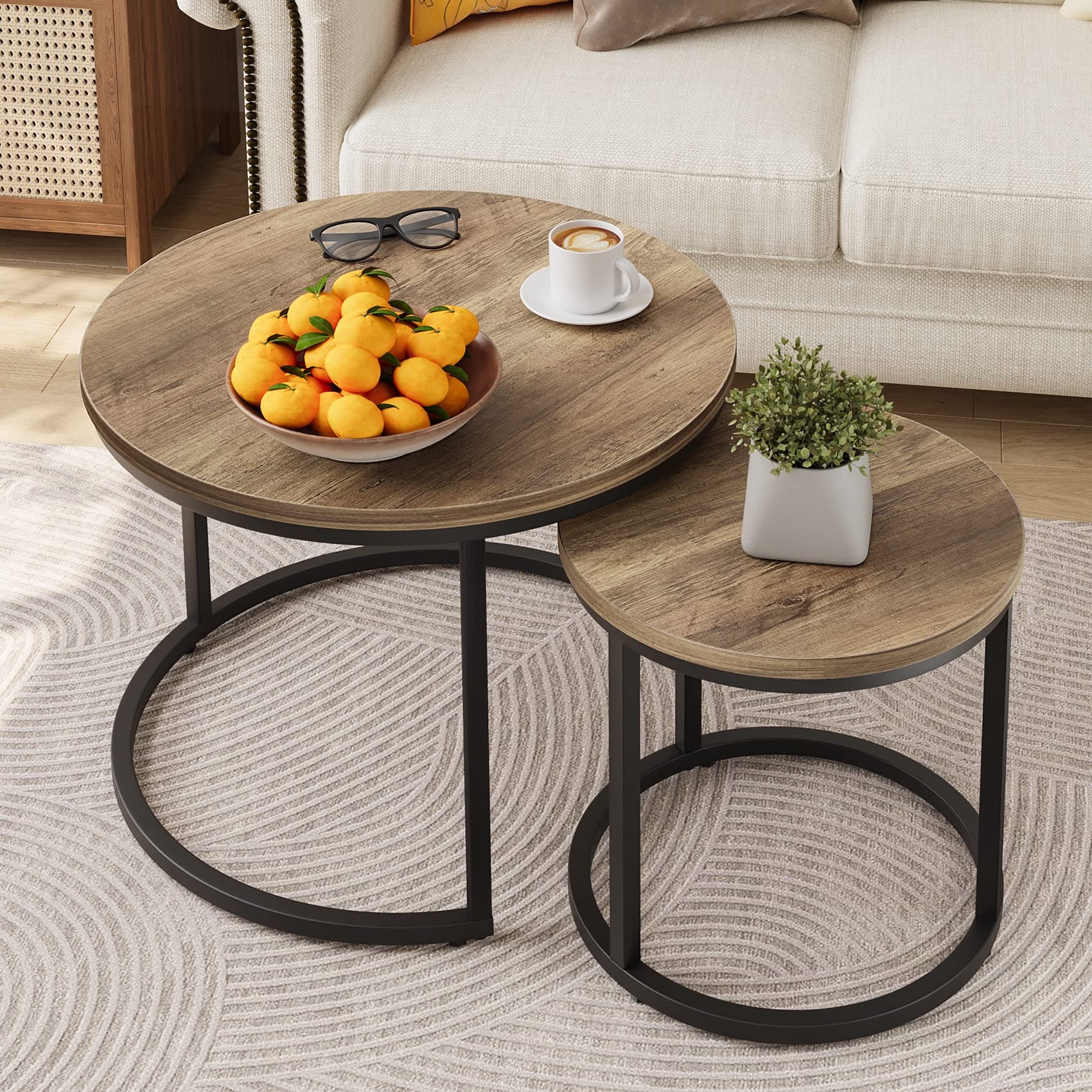 Smuxee Nesting Coffee Table Set of 2 for Living Room - Round Wooden Top & Matte Black Metal Base - Space Saving & Stylish
