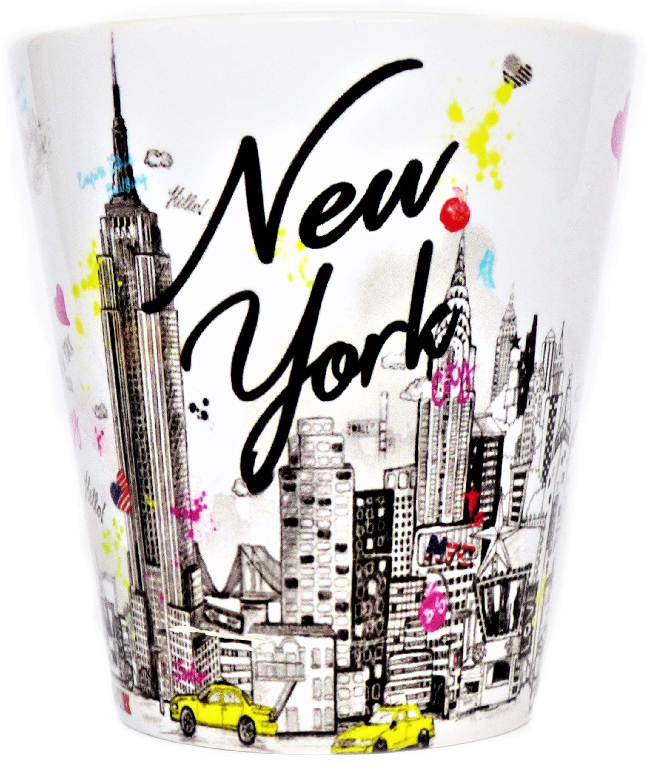 Sweet Gisele | New York City Latte Mug | Ceramic NYC Coffee Cup | Downtown Manhattan Skyline | Empire State Building & Times Square | Brooklyn Bridge | Novelty Gift Souvenir | 11 Fl. Oz (White/Multi)