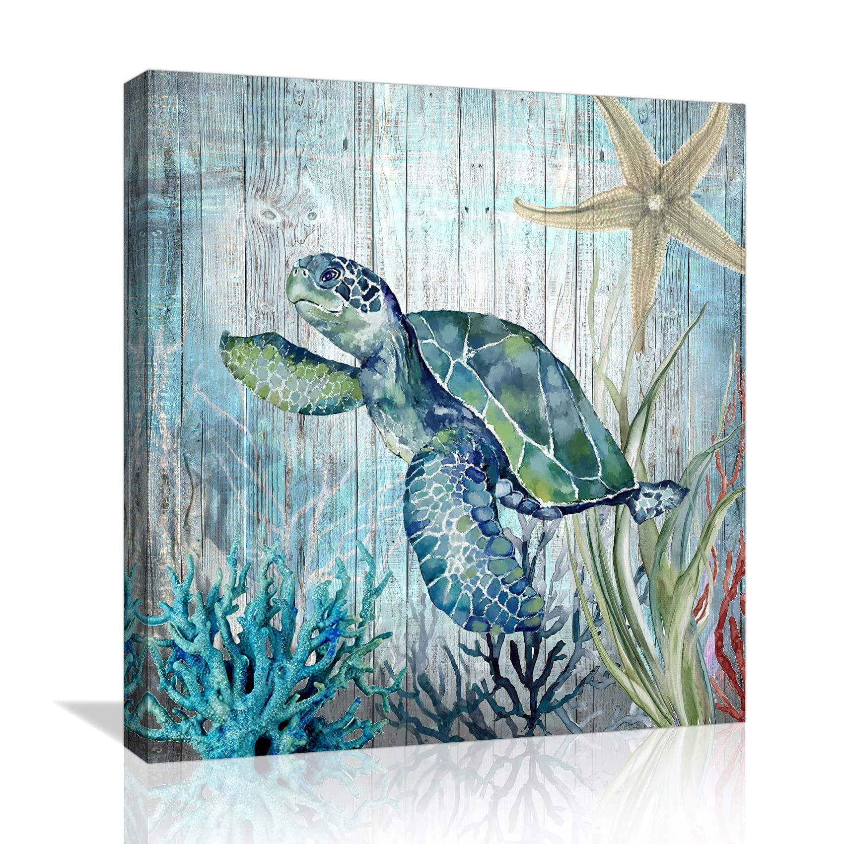 Sea Turtle Bathroom Wall Decor Modern Canvas Ocean Theme Painting Pictures Art Framed Artwork for Bedroom Home Office Kitchen Rustic Green Decoration Size 14x14, Blue and Green