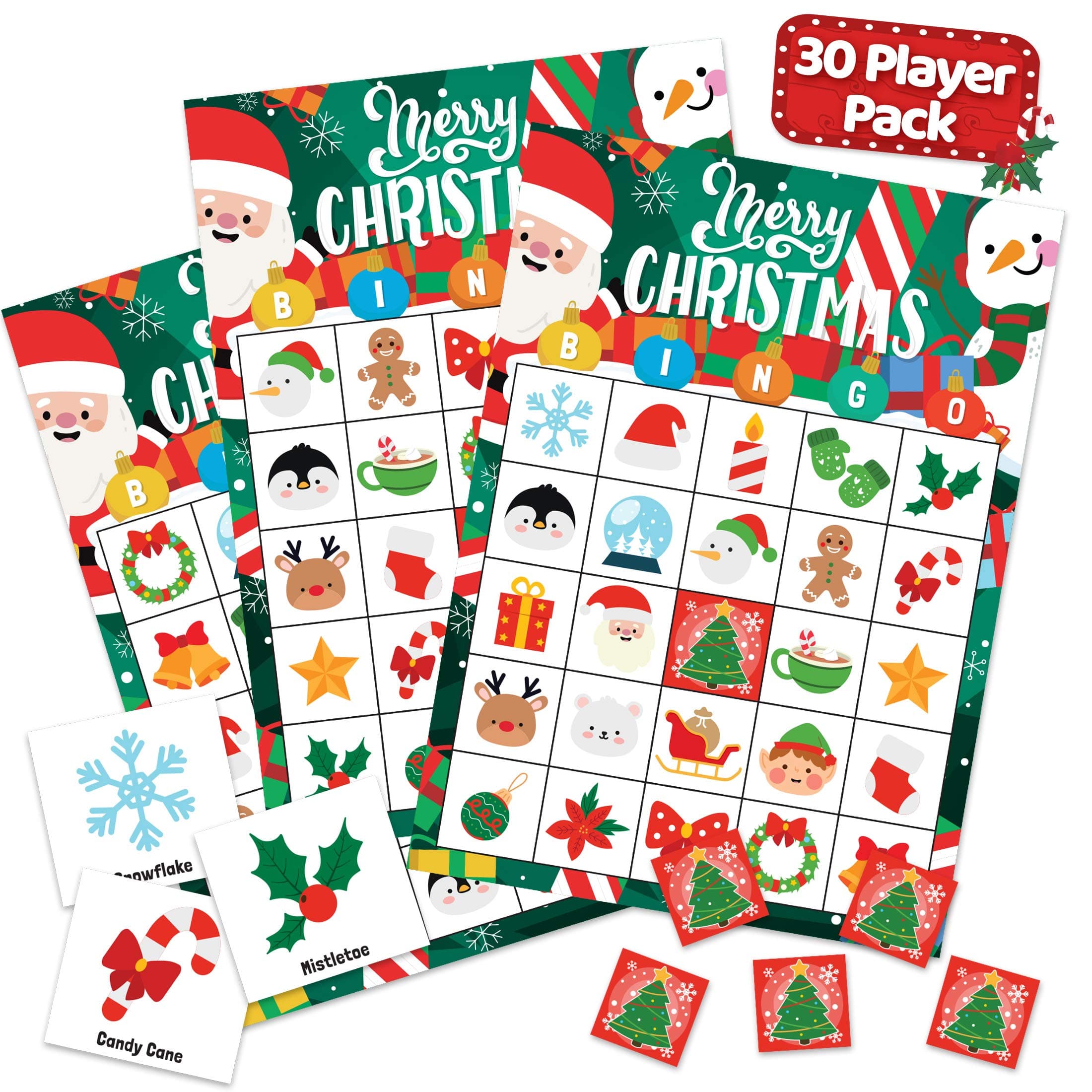 Joyousa Christmas Bingo Game for Kids, Large Groups - 30 Players - Christmas Games for Family Party - Reusable Christmas Bingo for Kids Christmas Party Games - Christmas Gifts for Grandkids