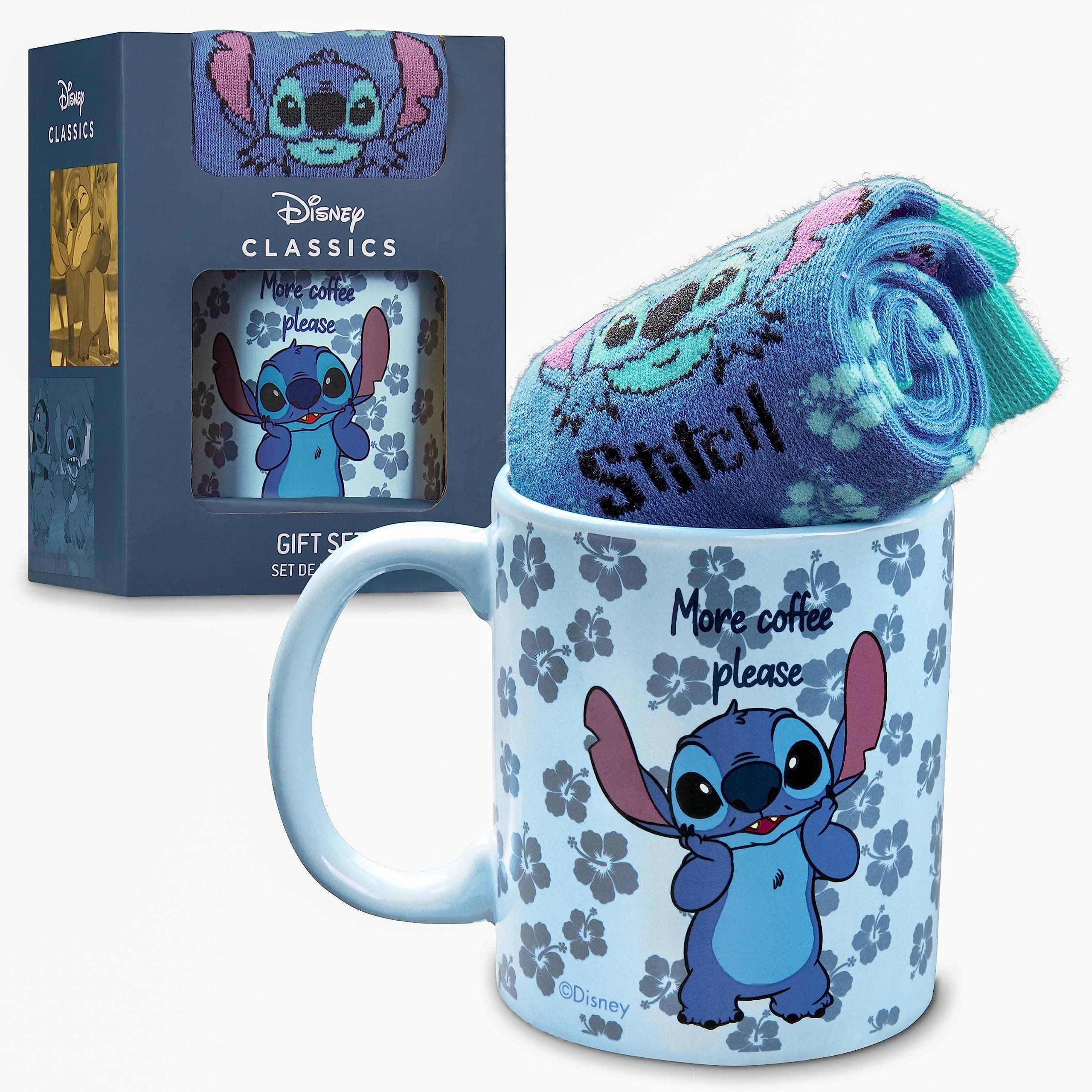Disney Stitch Mug and Socks Gift Set for Women Teenagers Size 2-7 Womens Socks and Mug for Kids and Adults Stitch Gifts (Blue Stitch)