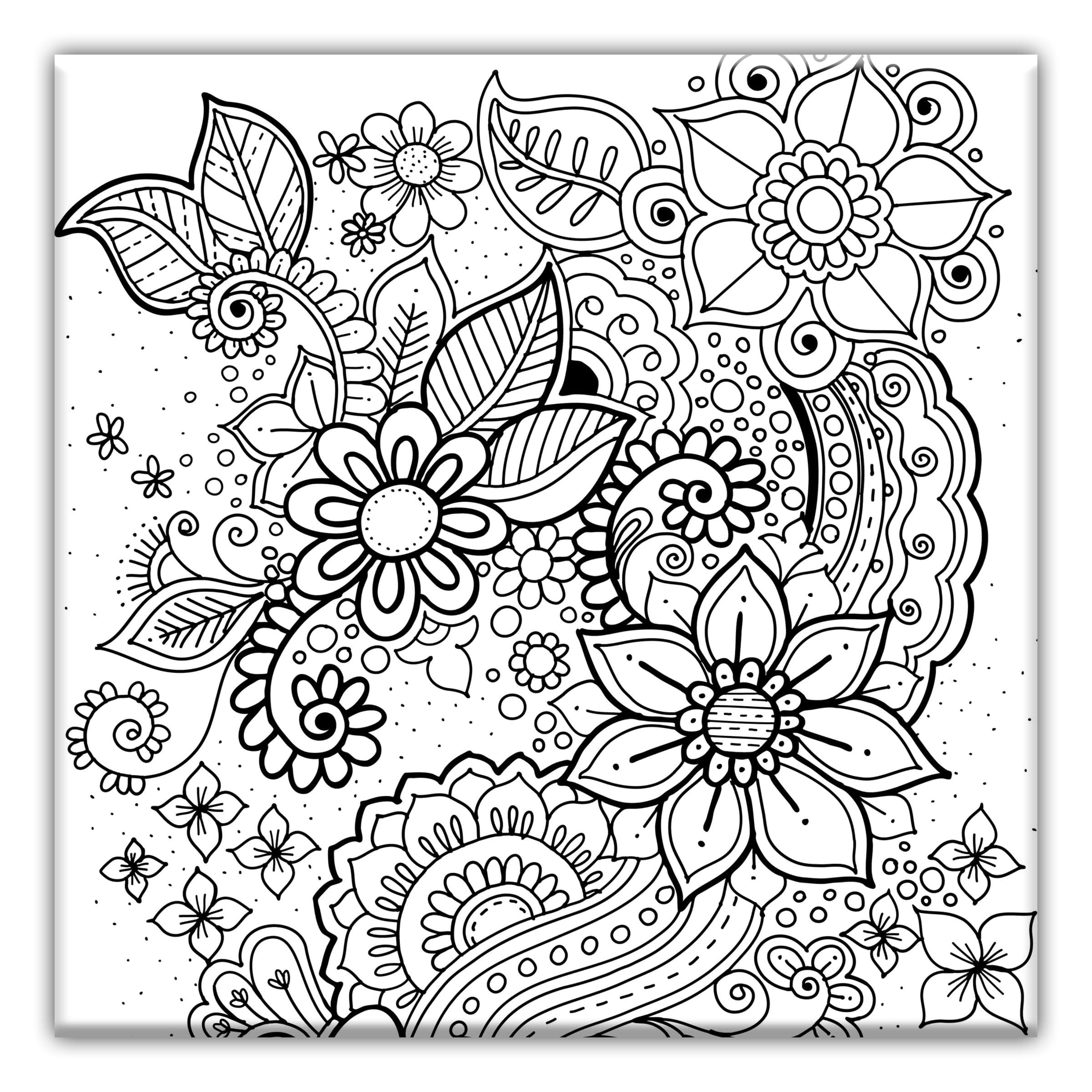 Floral Coloring Canvas for Adults, Stretched Primed Canvas 8 x 8 Inches |Premium Handmade Coloring Canvas | Art and Sip Party, DIY Kit, Party Favor | Easy & Fun Drawings to Color | Wall Art