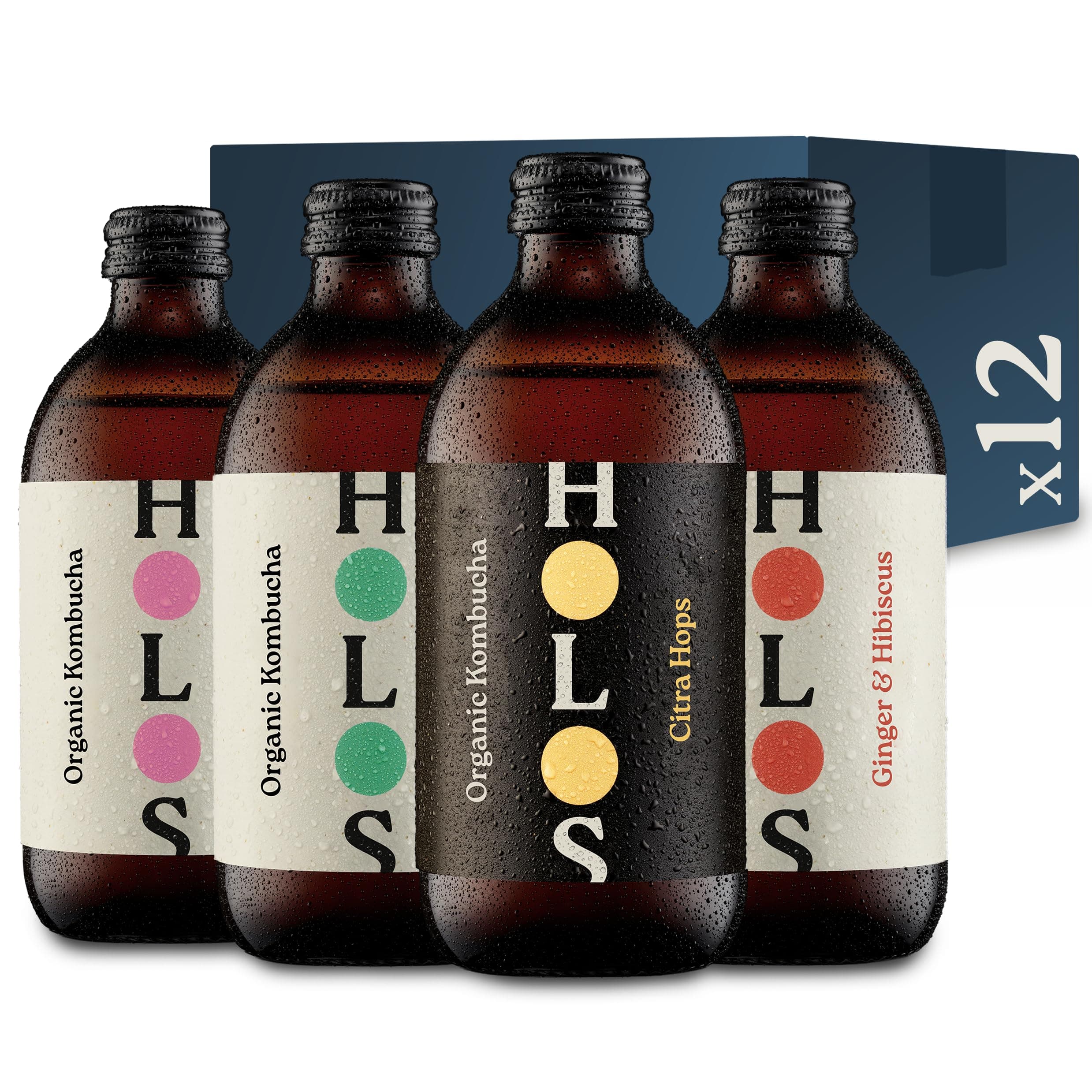 HOLOS Kombucha Drink Mixed Case - Organic Kombucha Tea - Chilled, Unpasteurised Raw Kombucha - Vegan, All-Natural Ingredients - 12 x 330ml Kombucha Bottles