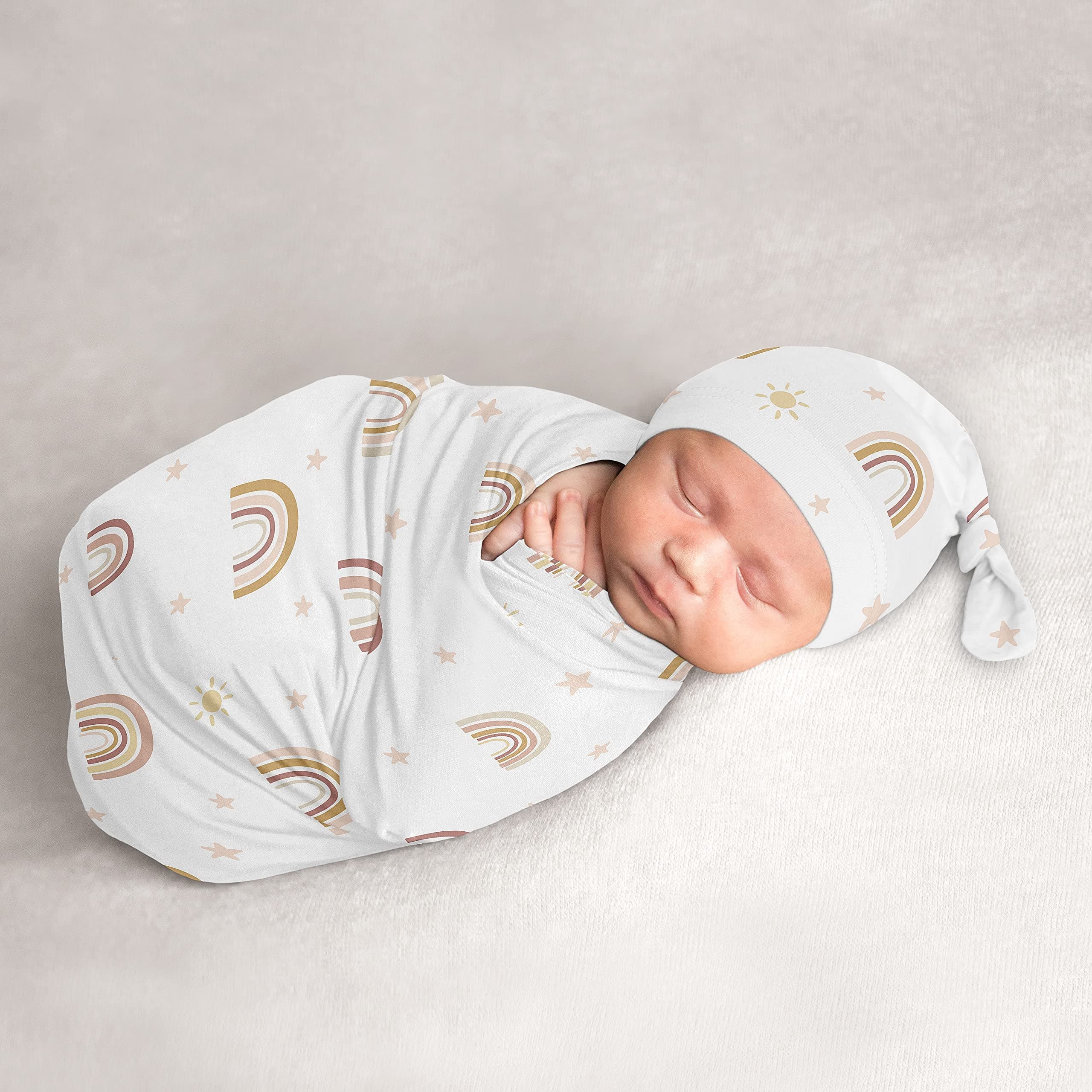 Sweet Jojo Designs Boho Rainbow Girl Cocoon and Beanie Hat Set Jersey Stretch Knit Newborn Nursery Sleep Wrap Sack Blush Pink Rose Gold Yellow Mauve Taupe Tan Bohemian Stars Sun Celestial Vintage Sky