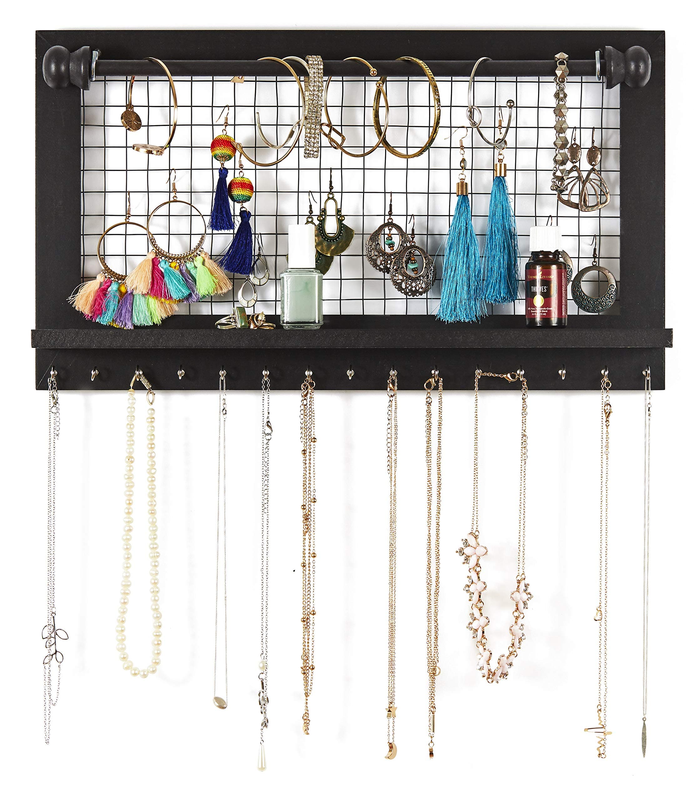 Espresso Jewelry Organizer with Removable Bracelet Rod from Wooden Wall Mounted Holder for Earrings Necklaces Bracelets and Other Accessories