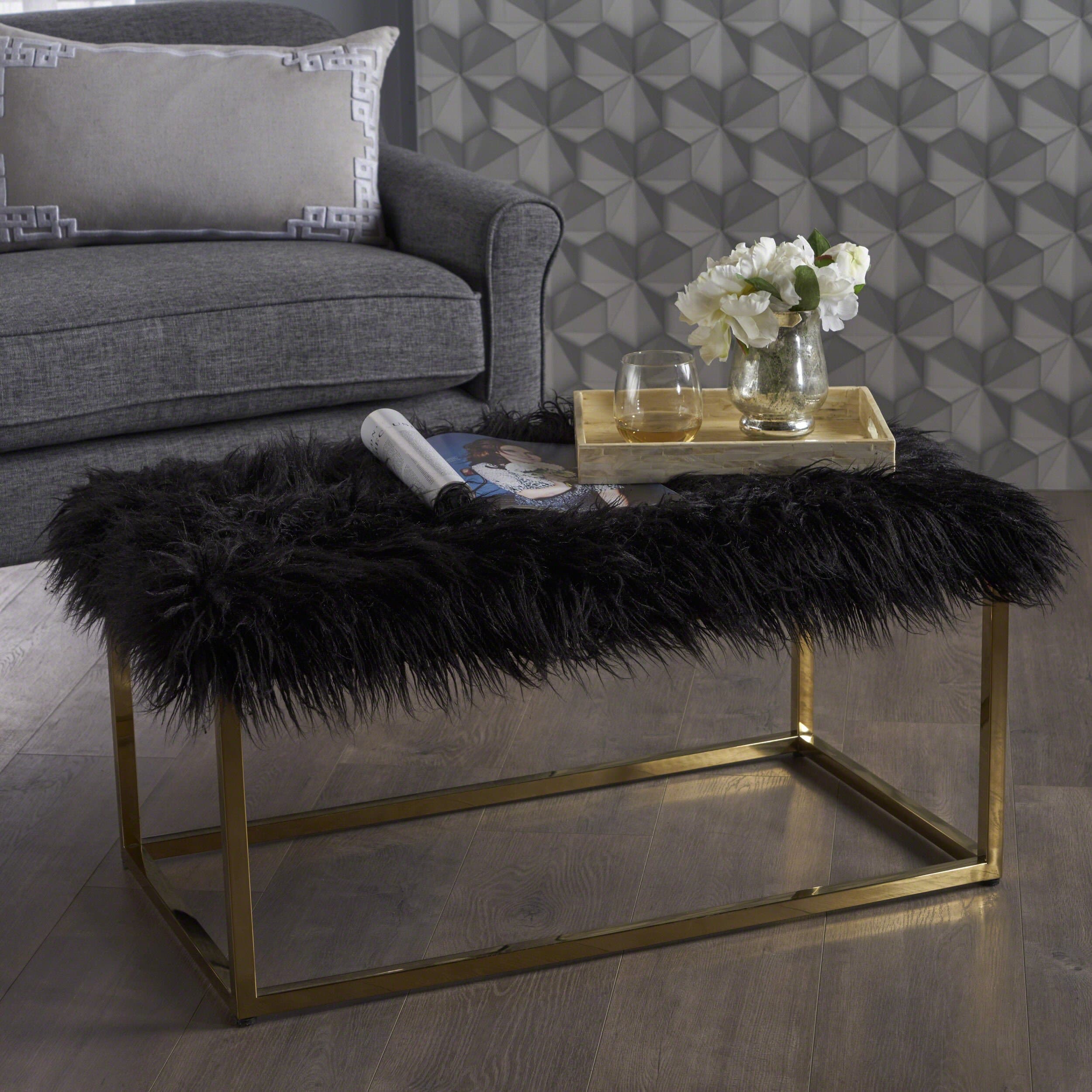 Christopher Knight Home Mallory Fauc Furry Long Fur Ottoman with Stainless Steel Frame, Black / Steel Golden