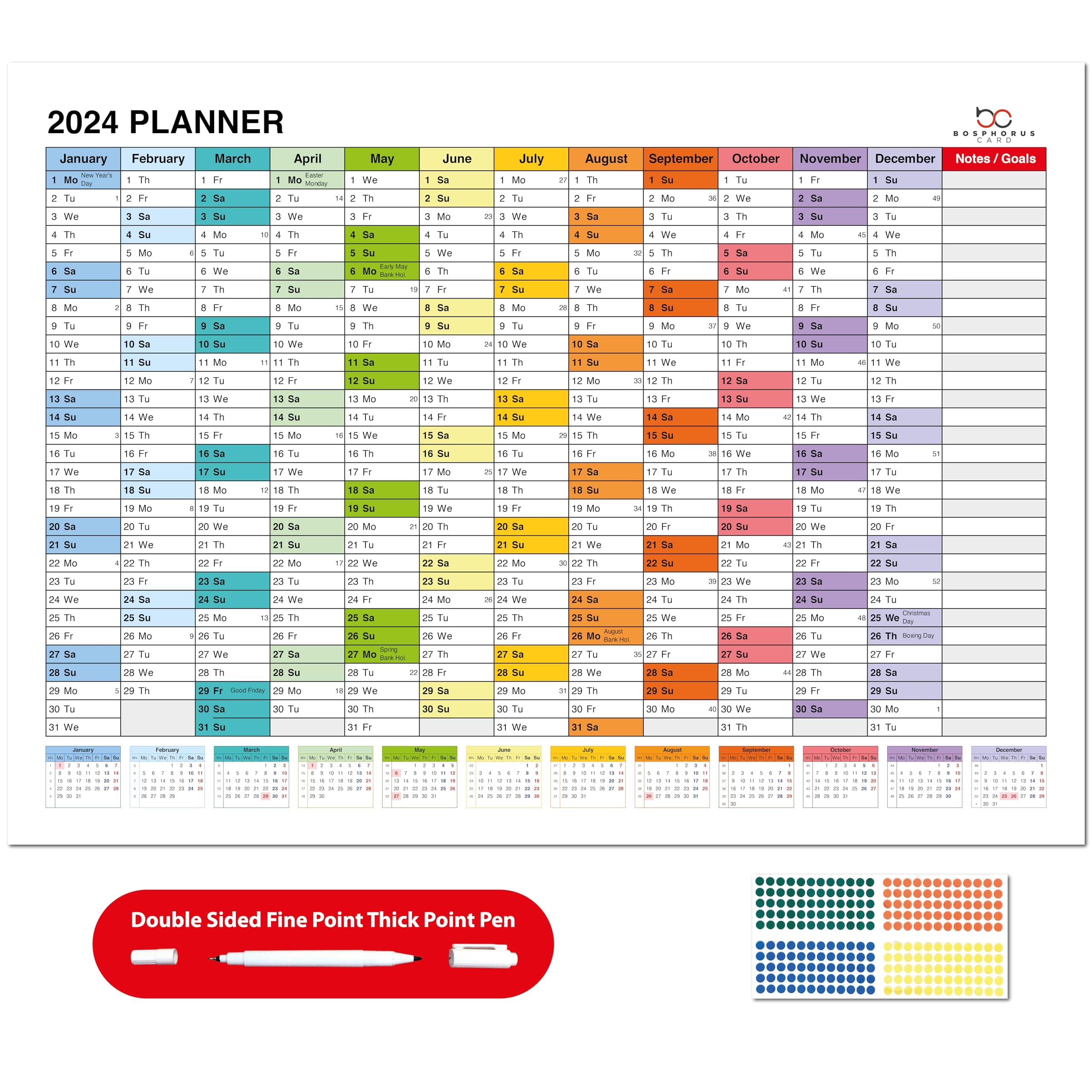 2024 LAMINATED Year Yearly Annual Office Home Wall Planner Calendar With Pen And Stickers Stickers & Adhesive Mounting Pads (35x50 cm, Design 2)