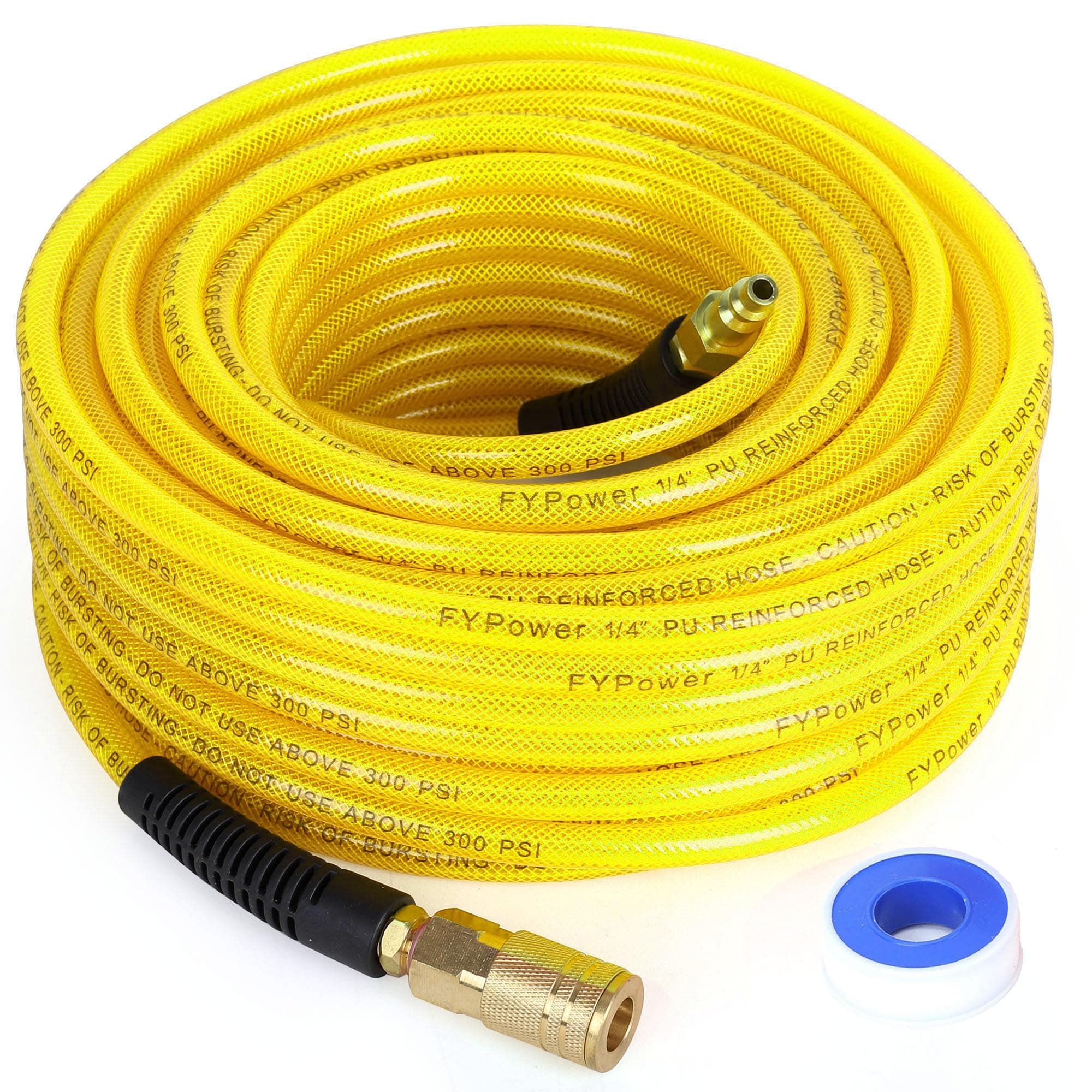 Air Compressor Hose 1/4 Inch x 100 Feet Reinforced Polyurethane (PU) Air Hose with Fittings, Bend Restrictors, 1/4" Industrial Quick Coupler and Plug Kit, Yellow