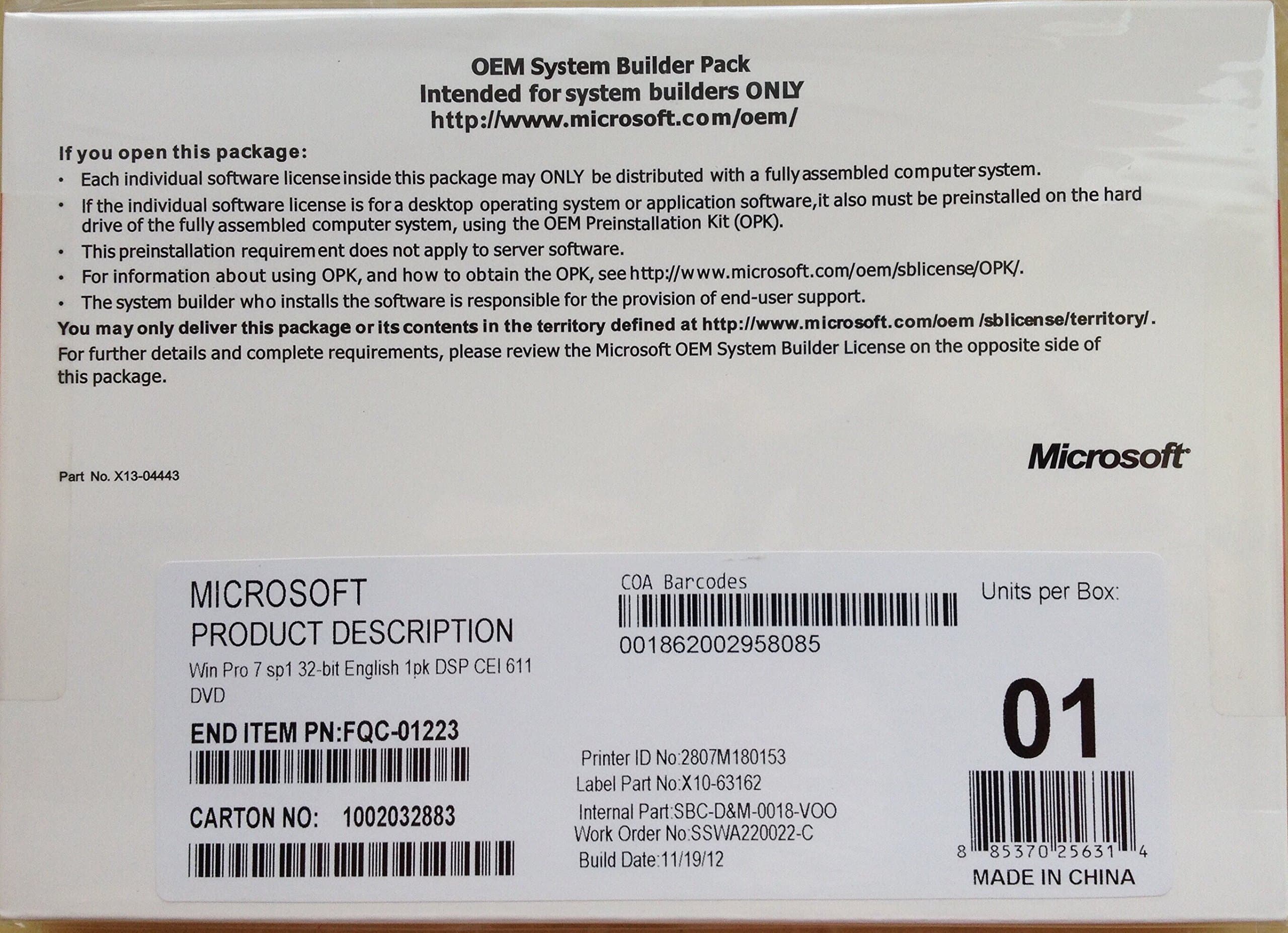 MICROSOFT WINDOWS 7 PROFESSIONAL OEM DVD 32BIT | FQC-08279