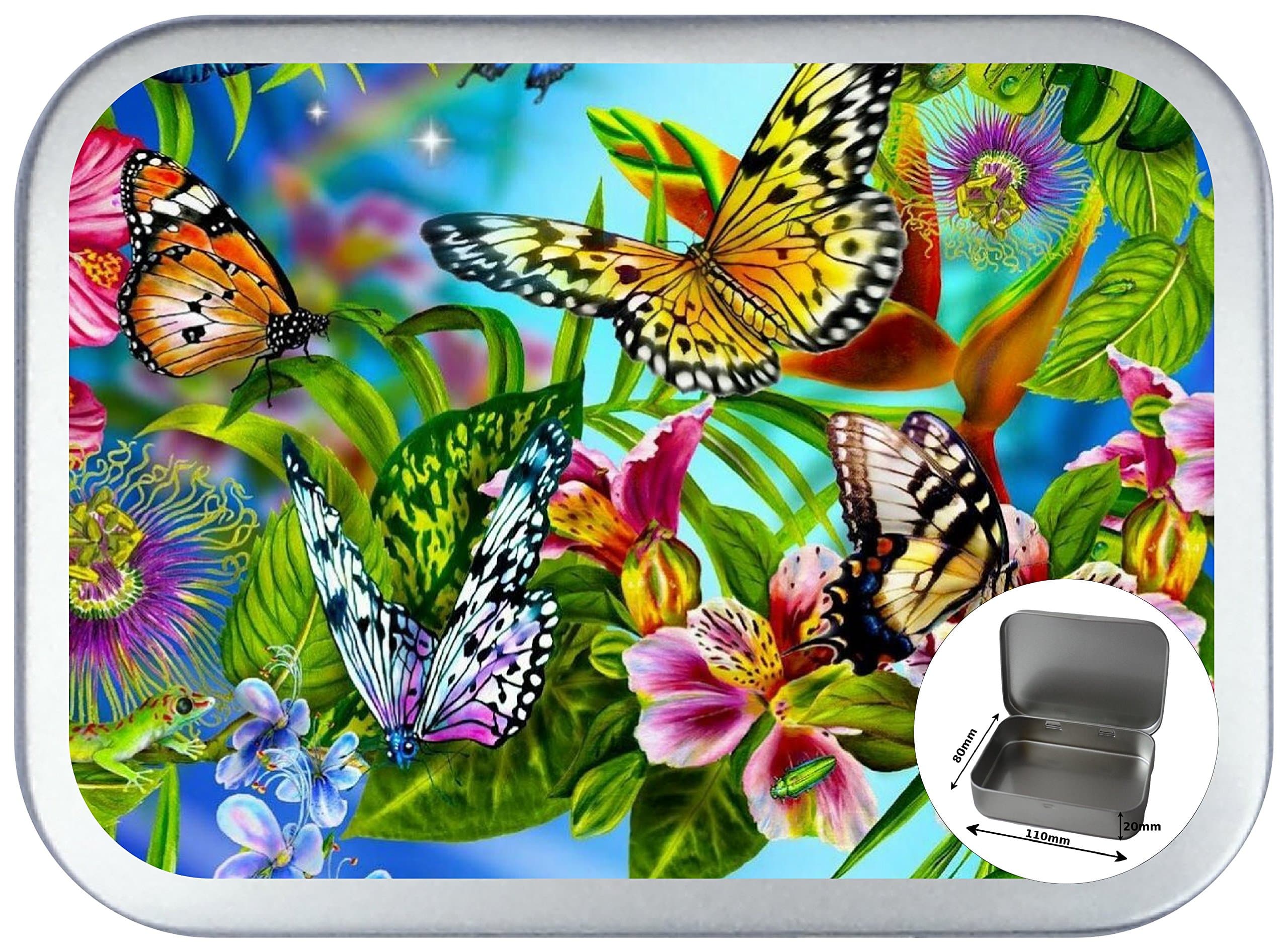 COLOURFUL BUTTERFLY 2oz SILVER HINGED TOBACCO TIN, 150 ML PILL BOX, BACCY STORAGE TIN