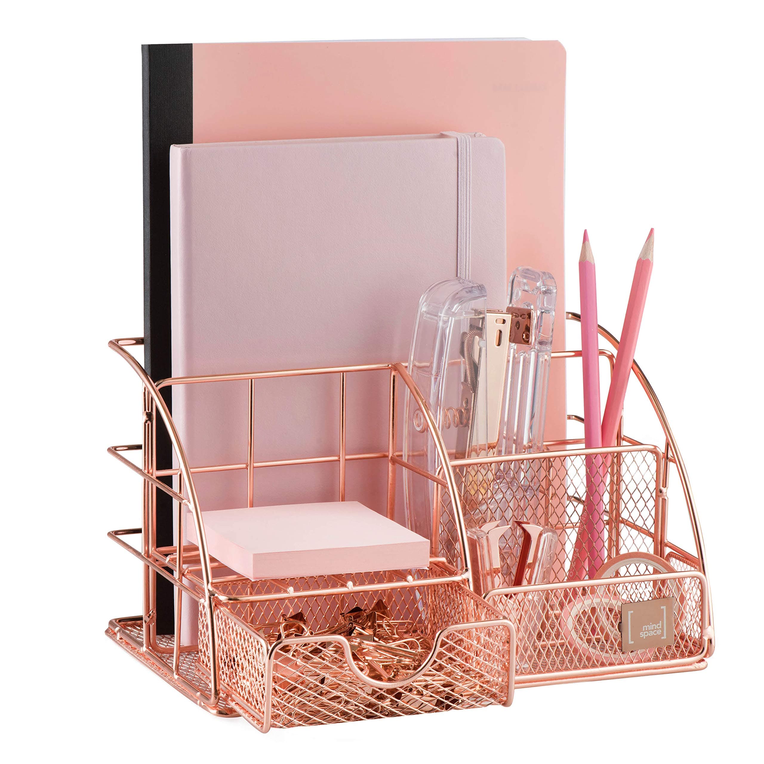 Mindspace Desk Organizer Rose Gold Pen Holder - Office Decor for Women, Desk Accessories, Desktop Organizer with 5 Compartments + Drawer | BONES Paper & Binder Clips Included, The Wire Collection