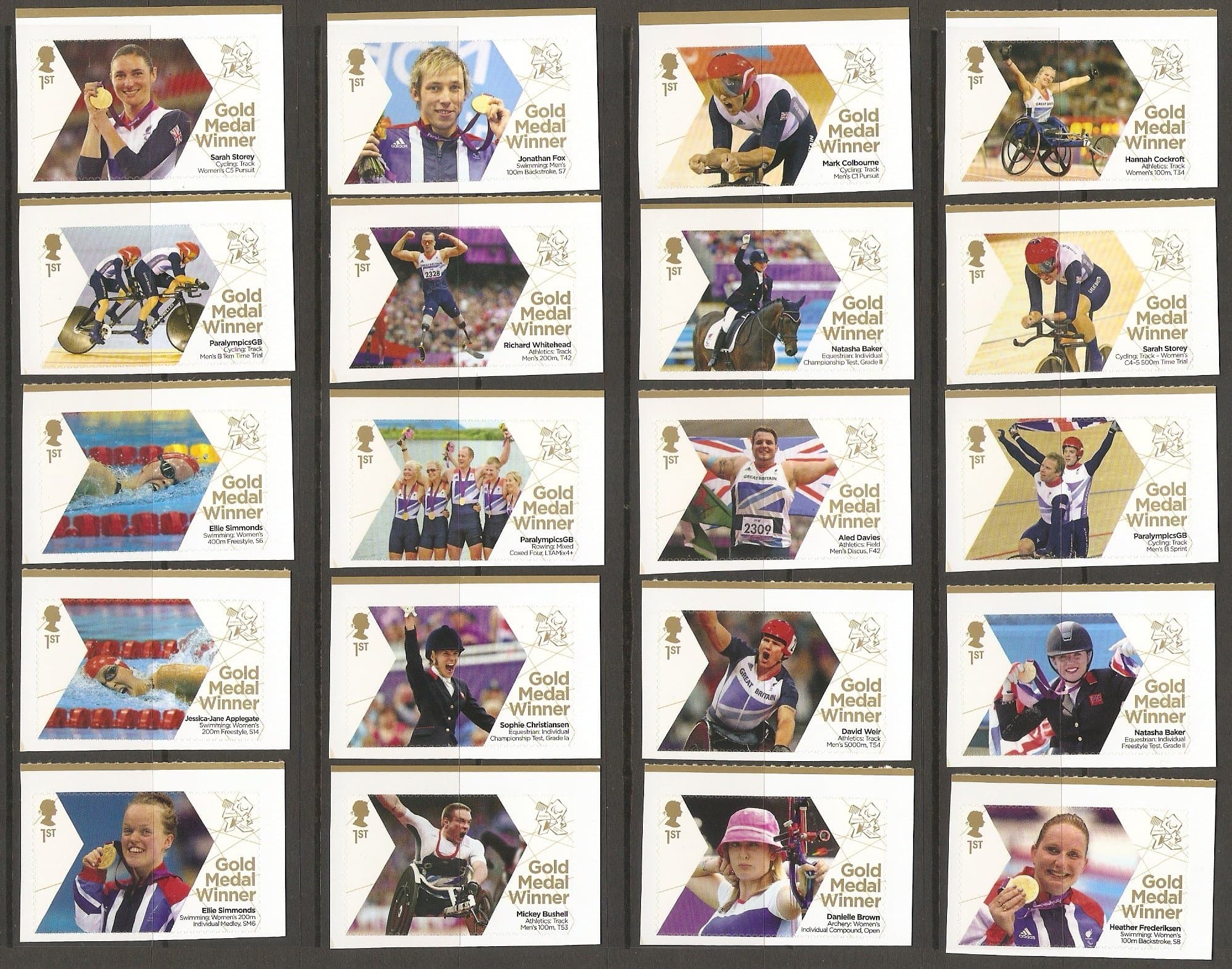 Full set of 34 London 2012 Paralympic Gold Medal Winners Single Stamps