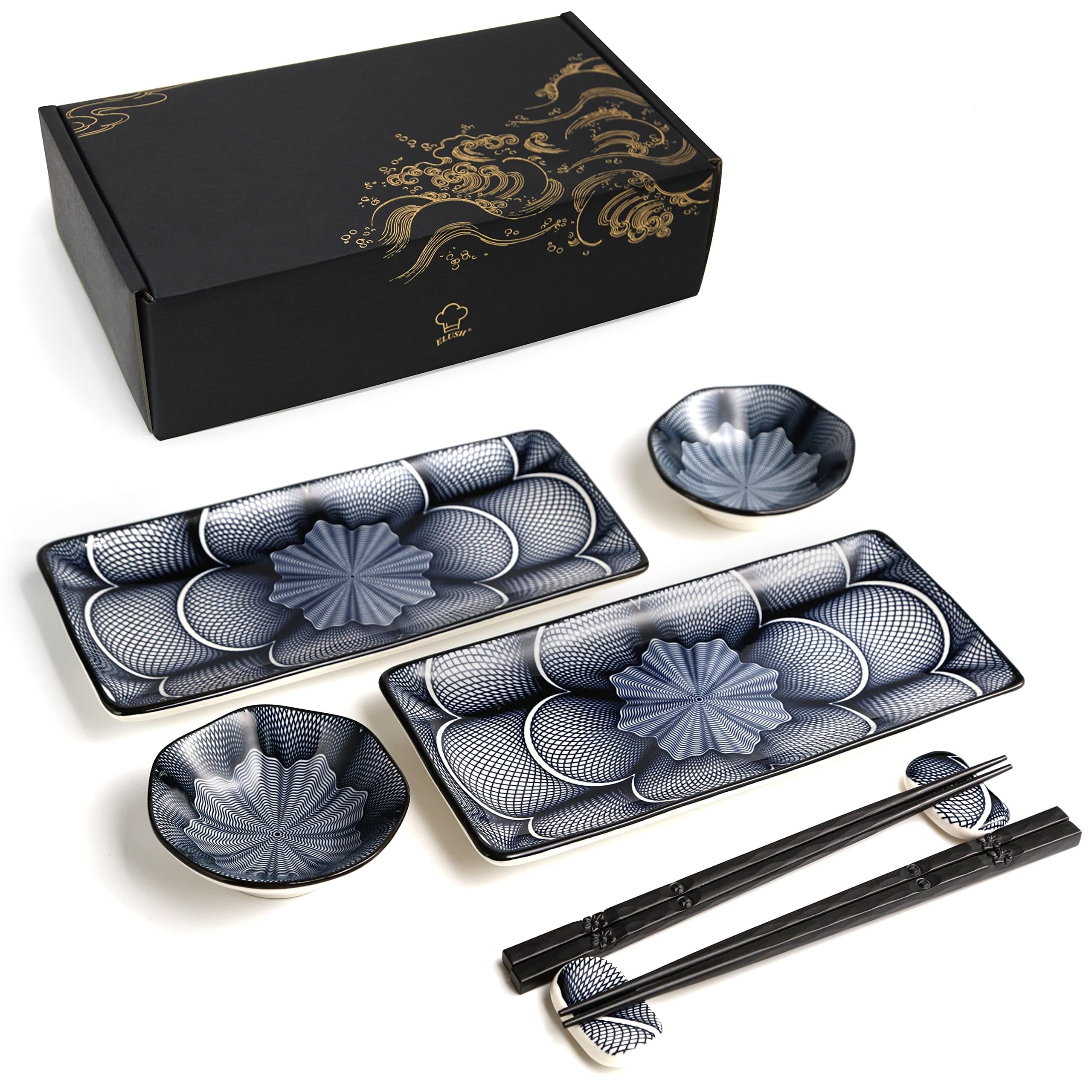 ELUSH 8 Piece Japanese Style Ceramic Sushi Plate Set 10-inch Rectangle Sushi Dishes- 2 Sushi Plates, 2 Sauce Dishes, 2 Pairs of Chopsticks, 2 Chopsticks Holders