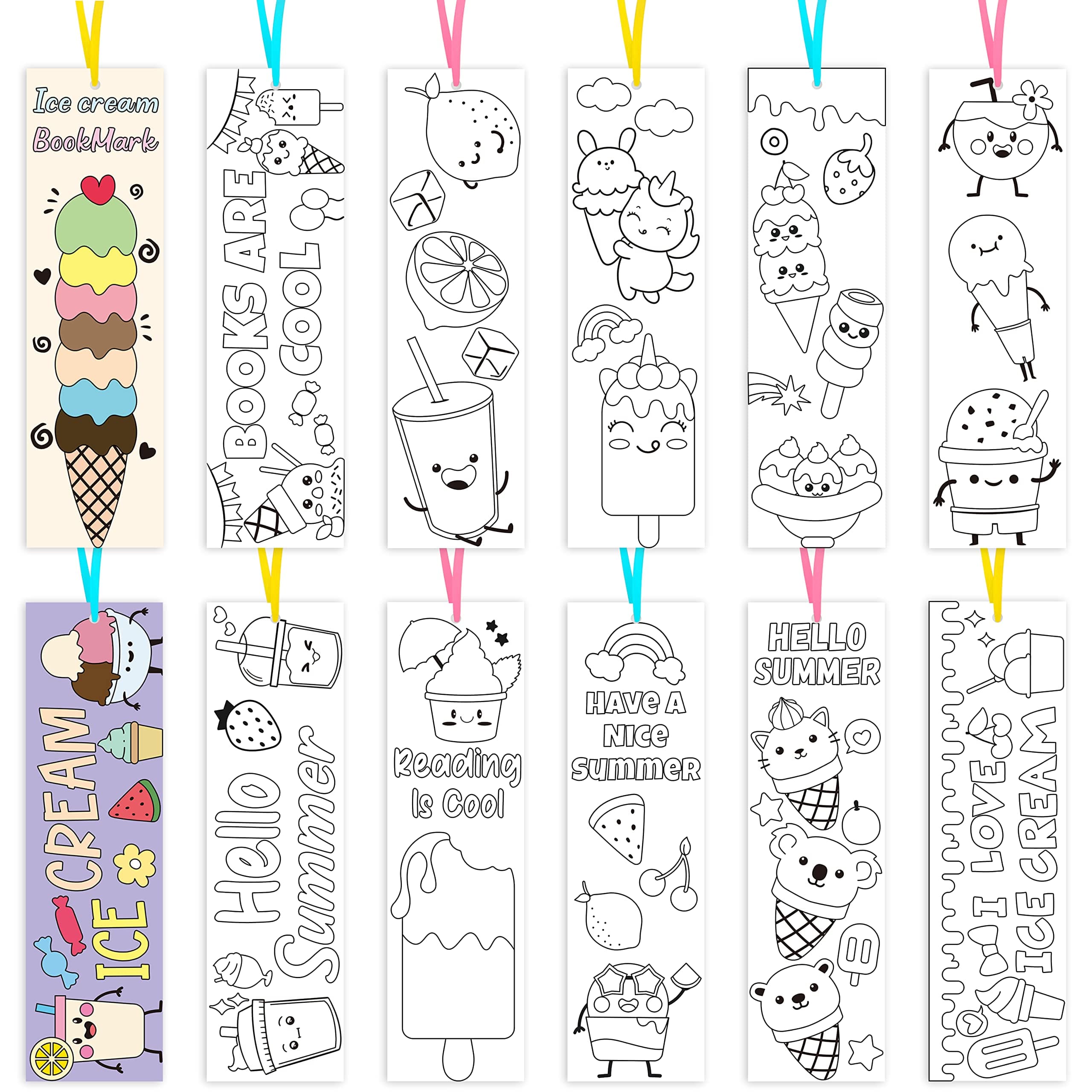DIY Drawing Bookmarks for Kids Coloring Bookmark Boys Girls Creative Blank Paper Book Marker Children School Art Craft Birthday Gift Party Decoration Supplies (Ice Cream)