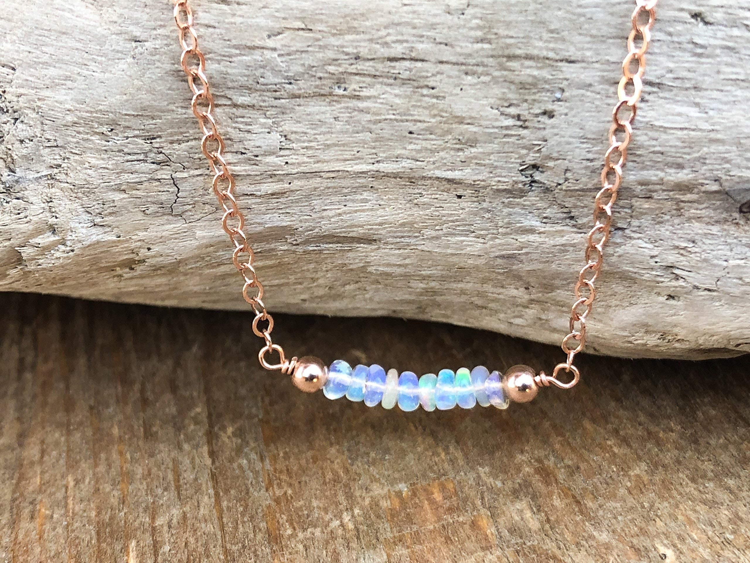 Real Opal Bar Necklace October Birthstone in 14K Rose Gold Fill 16"-18"