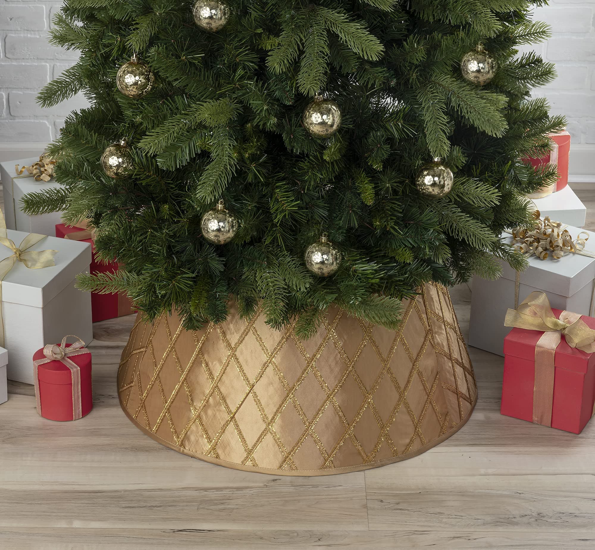 New Traditions Gold Satin Christmas Tree Collar with Criss Cross Tinsel – 26" Diameter Fabric Stand Band for Artificial & Natural Trees – Tree Skirt Alternative, Collapsible