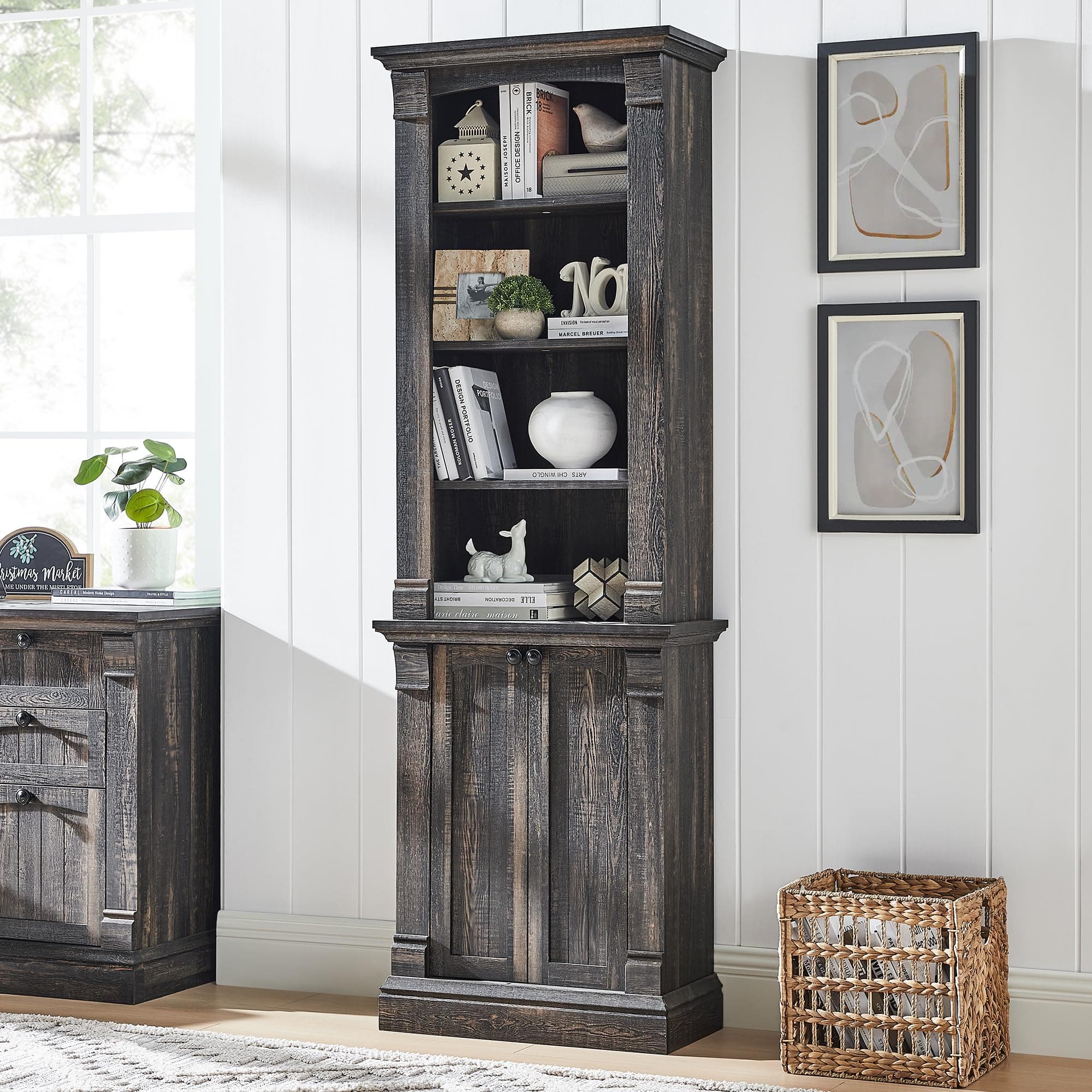 OKD Farmhouse Storage Bookcase，72" Tall Bookcase with 4-Tier Open Adjustable Shelves，Wooden Freestanding Bookshelf Storage Organizer for Home Office, Living Room，2 Doors，Dark Rustic Oak