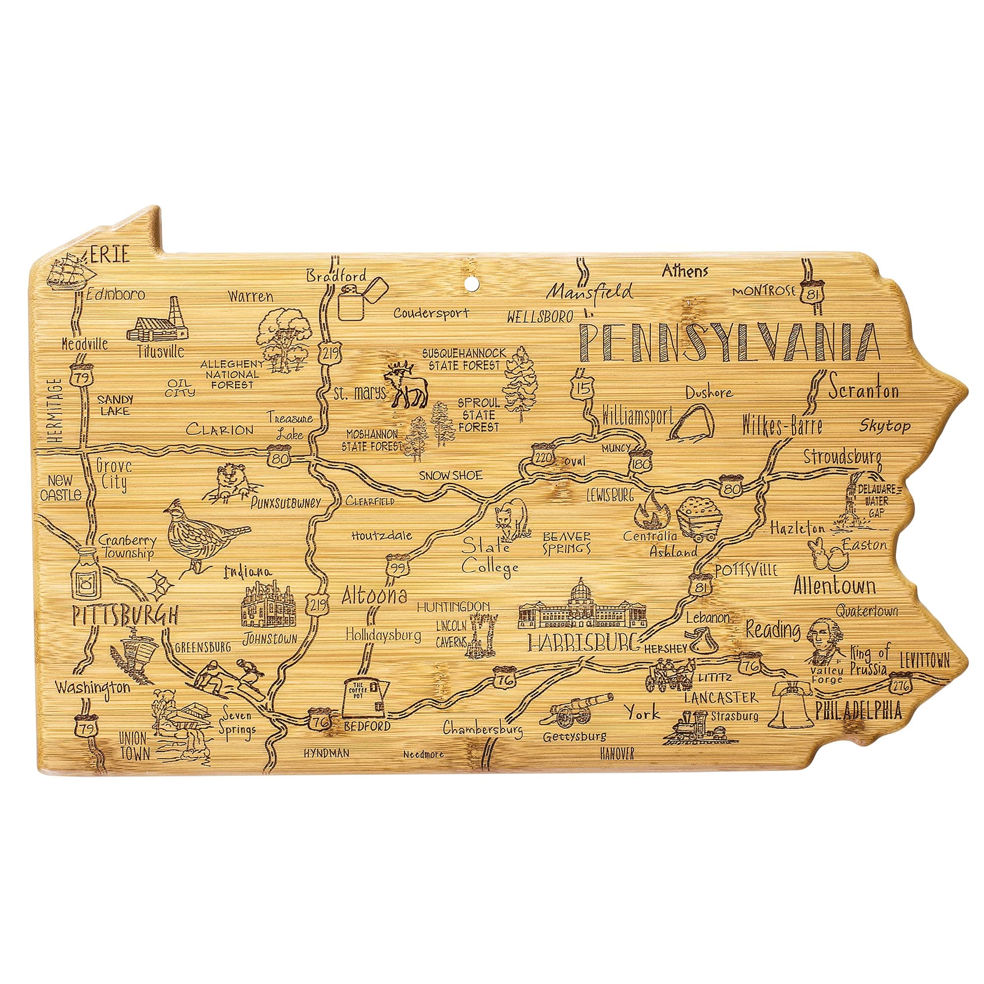 Totally Bamboo Destination Pennsylvania Shaped Cutting Board – Bamboo Charcuterie and Serving Board with Hang Tie for Wall Display