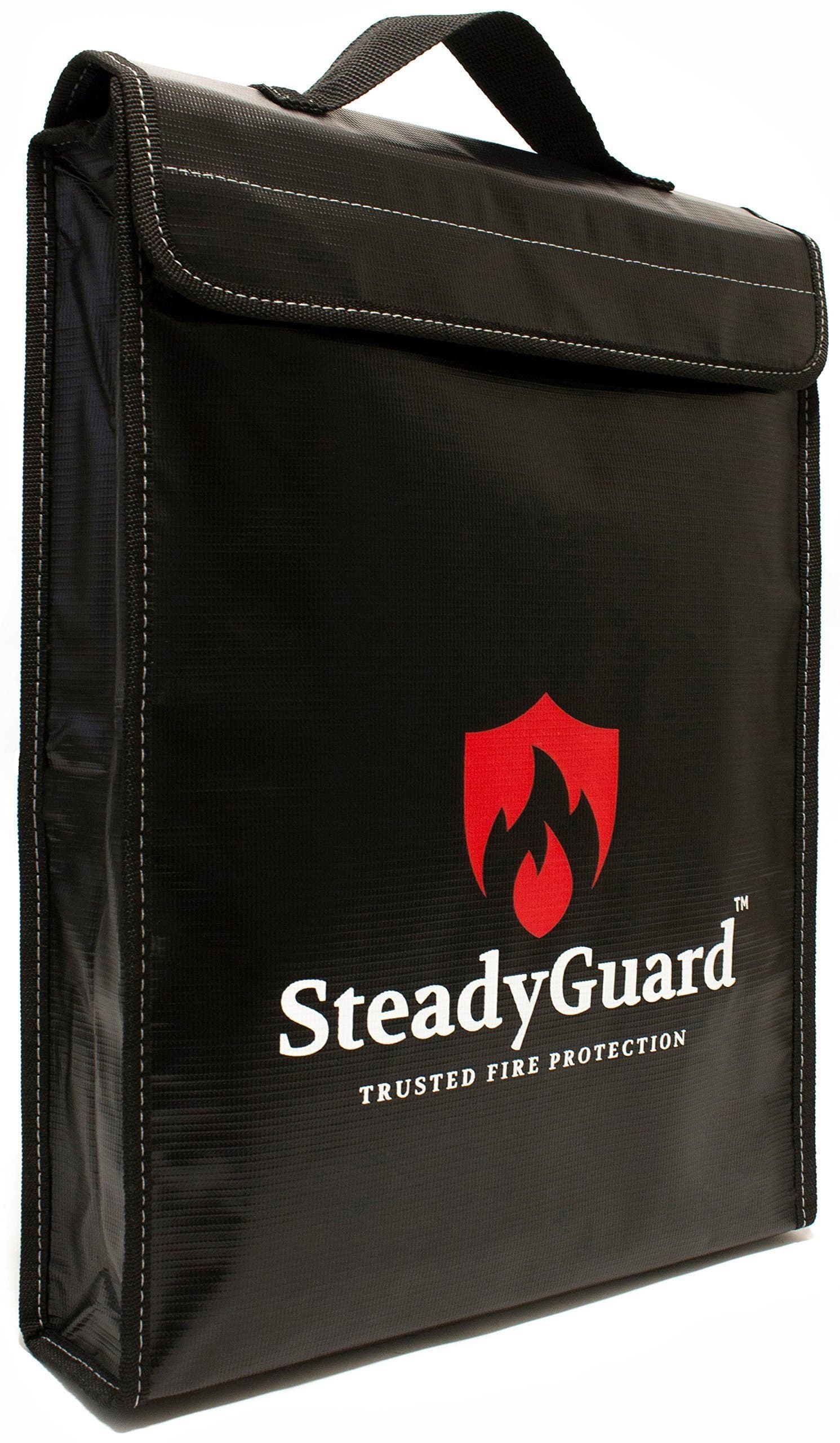 SteadyGuard Premium Fireproof Bag - XL 15”x11.5”x2.5” - Non-Itchy Silicone Coated Fiberglass Pouch w/Zipper & Handle - Safe Storage of Valuables Documents Money - Water & Fire Resistant
