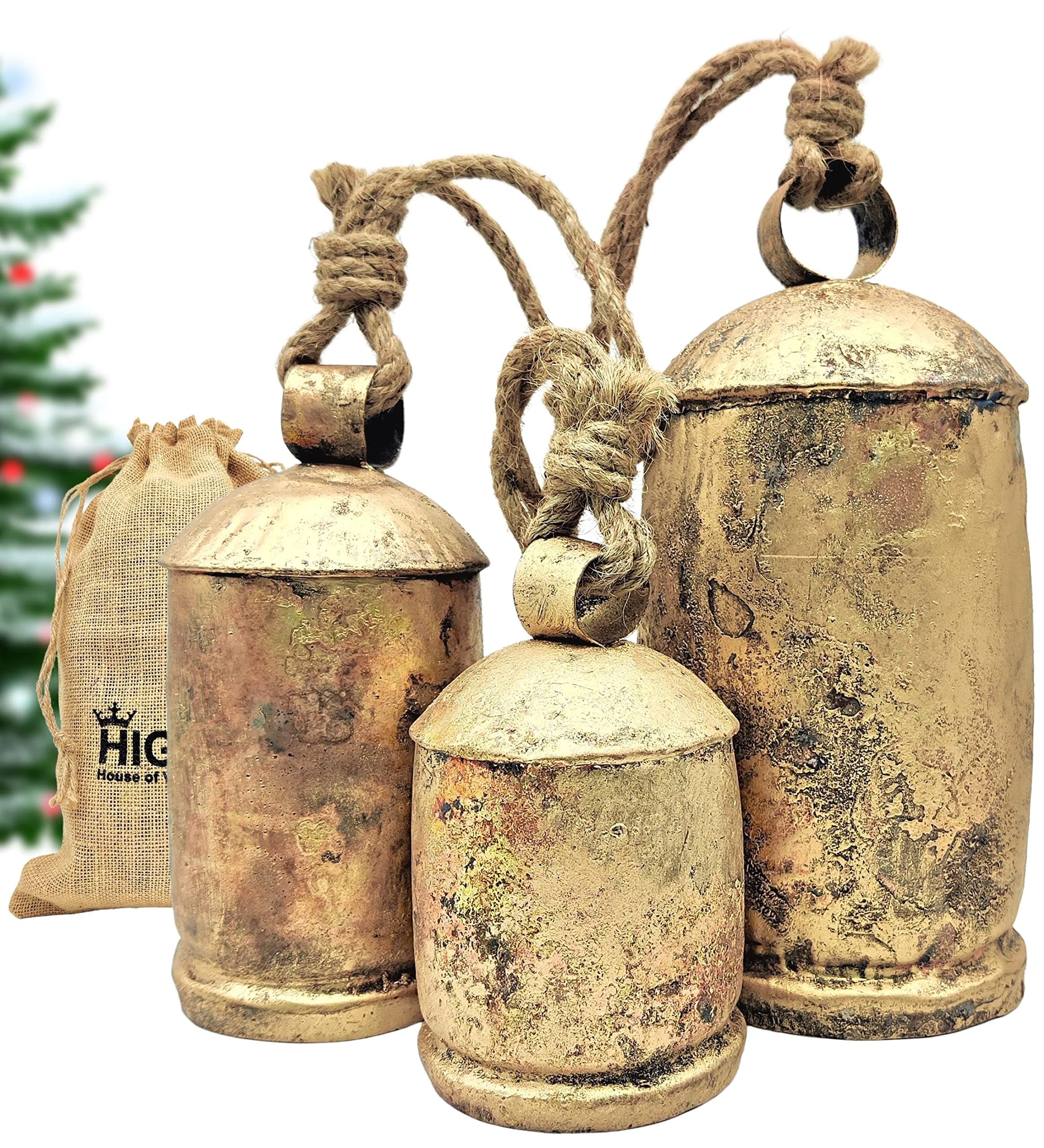 HIGHBIX Set of 3 Giant Harmony Cow Bells Huge Vintage Shabby Chic Handmade Rustic Lucky Christmas Hanging XL Bells On Rope Country Rustic (Extra Large)