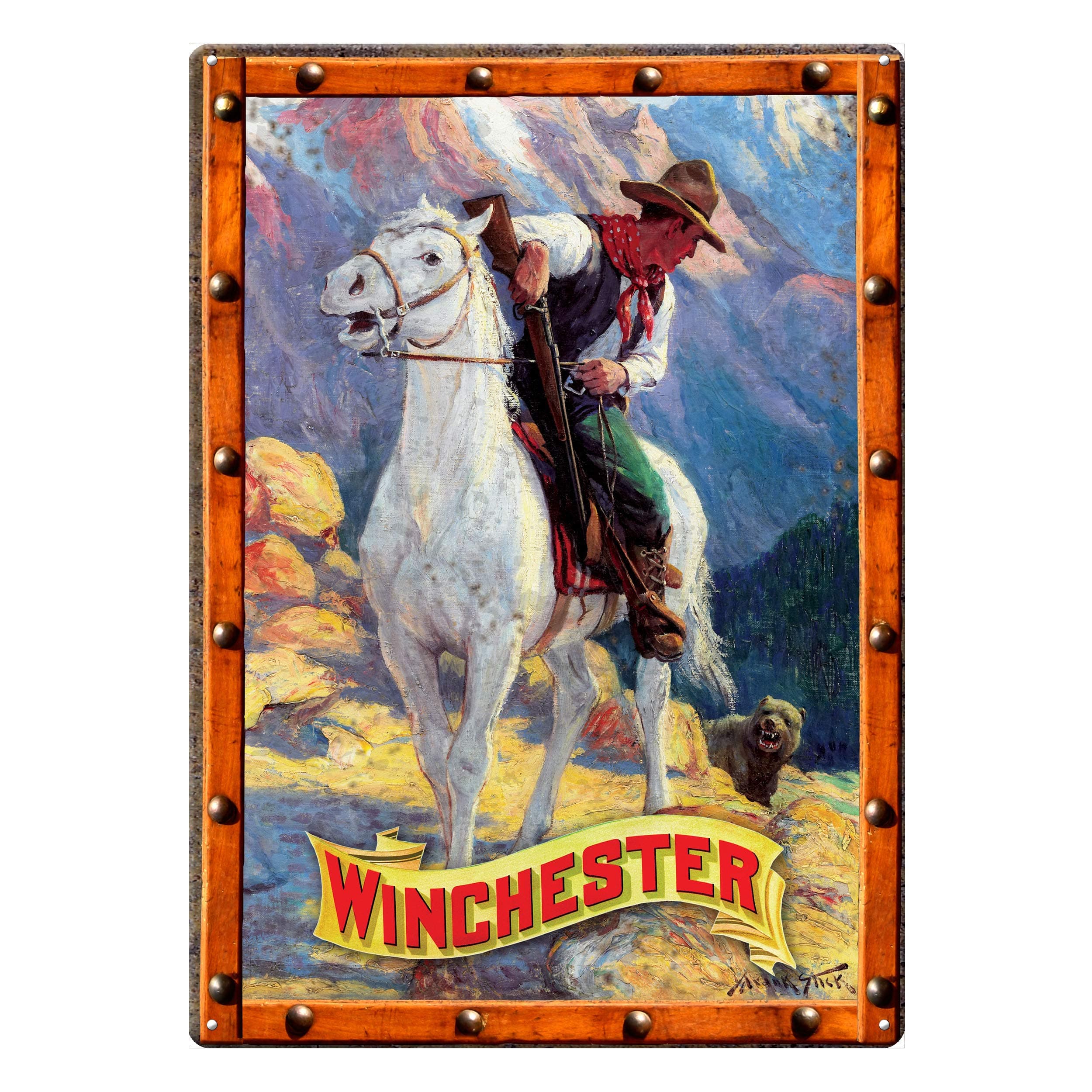 Rockin W W1019 Cowboy and Bear Tin Sign