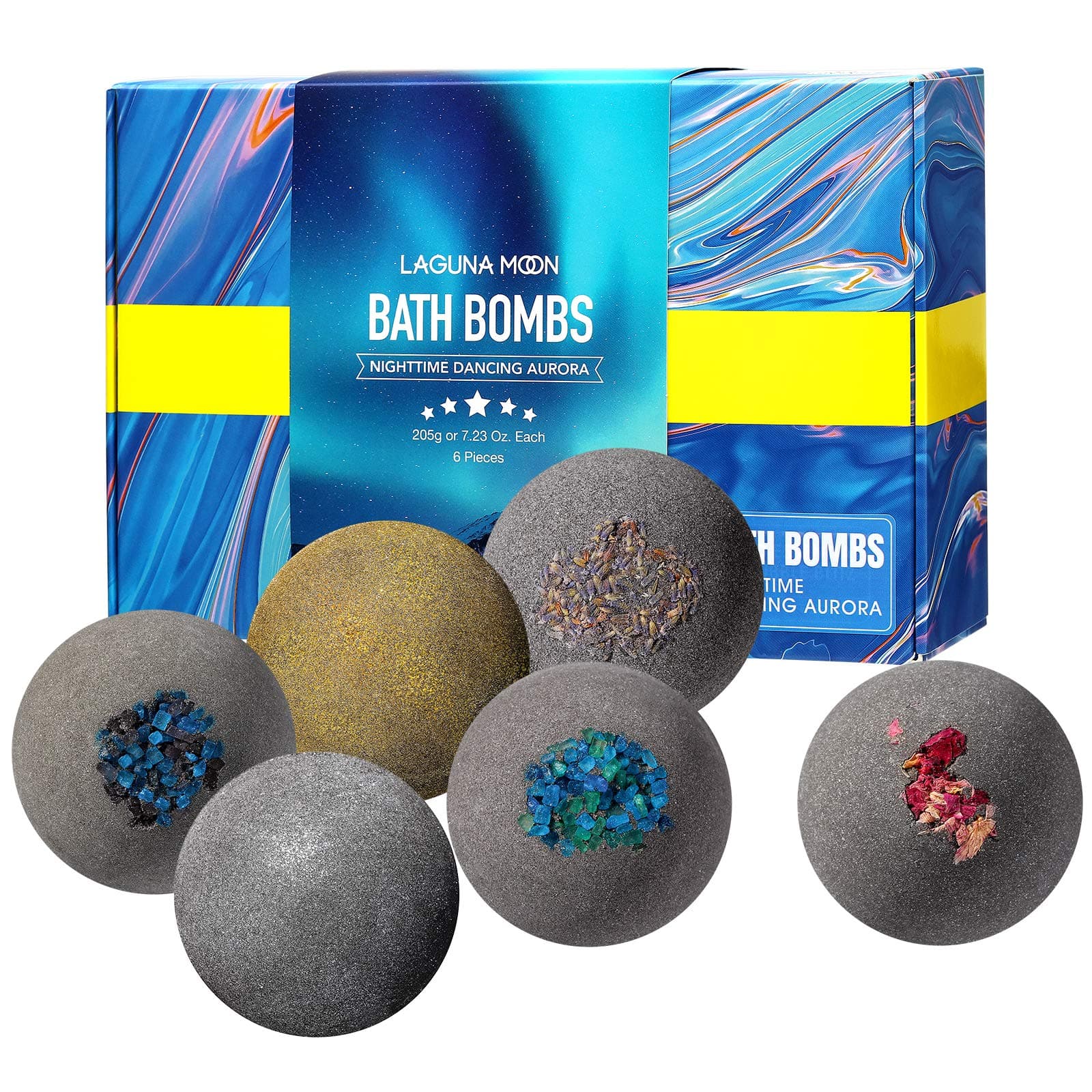 Lagunamoon Bath Bombs Gift Set for Women, 6 Packs Nighttime Dancing Aurora Bath Bomb with Pure Natural Essential Oil, Moisturize and Soften Skin, Handmade Bath Bombs for Kids, Women, Men on Holidays