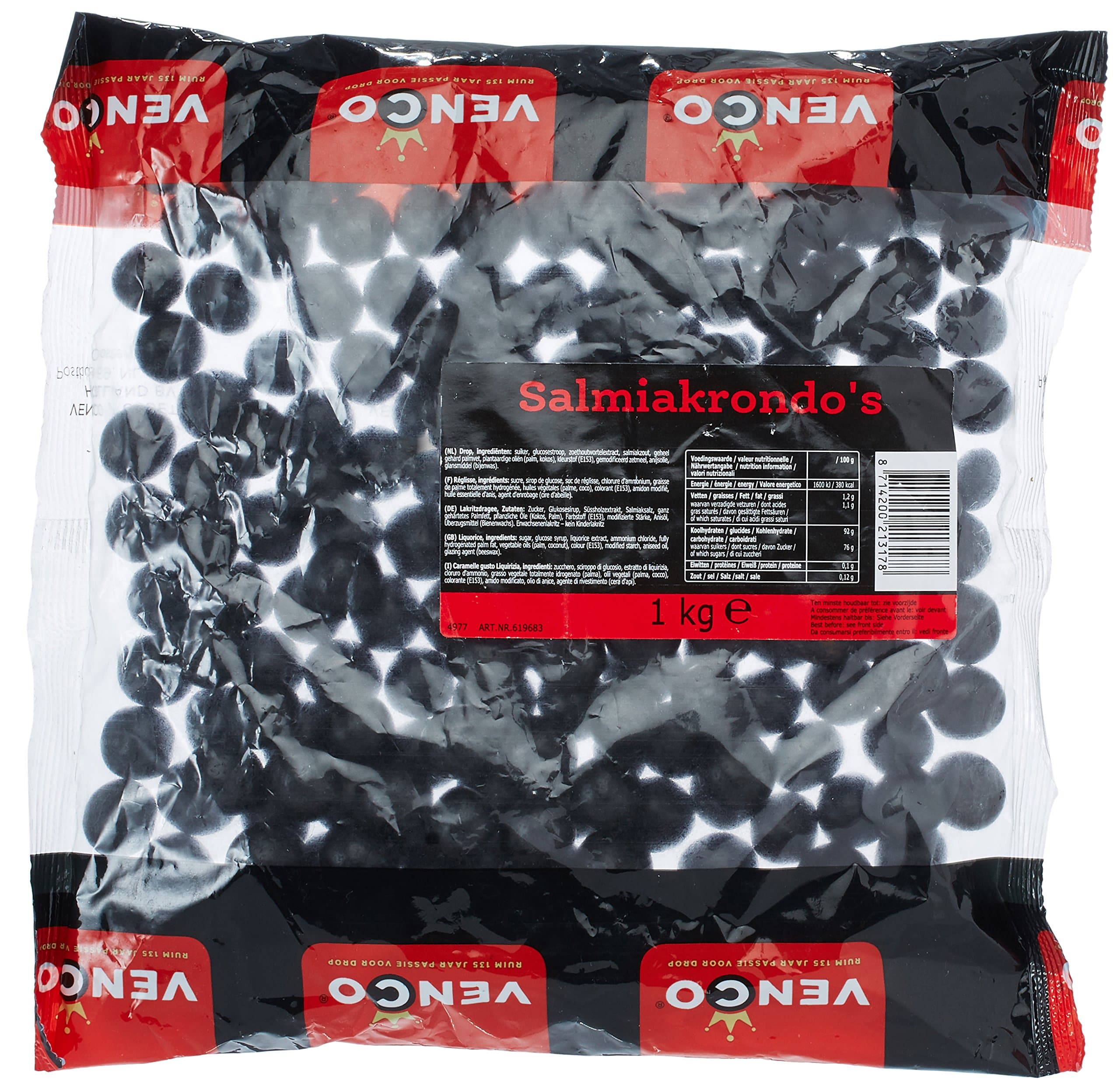 Licorice in 1 KiloBag 2.2lb - Venco Salmiakrondo's (Black Round Shaped Semi Hard Black Licorice Filled with Salmiak)