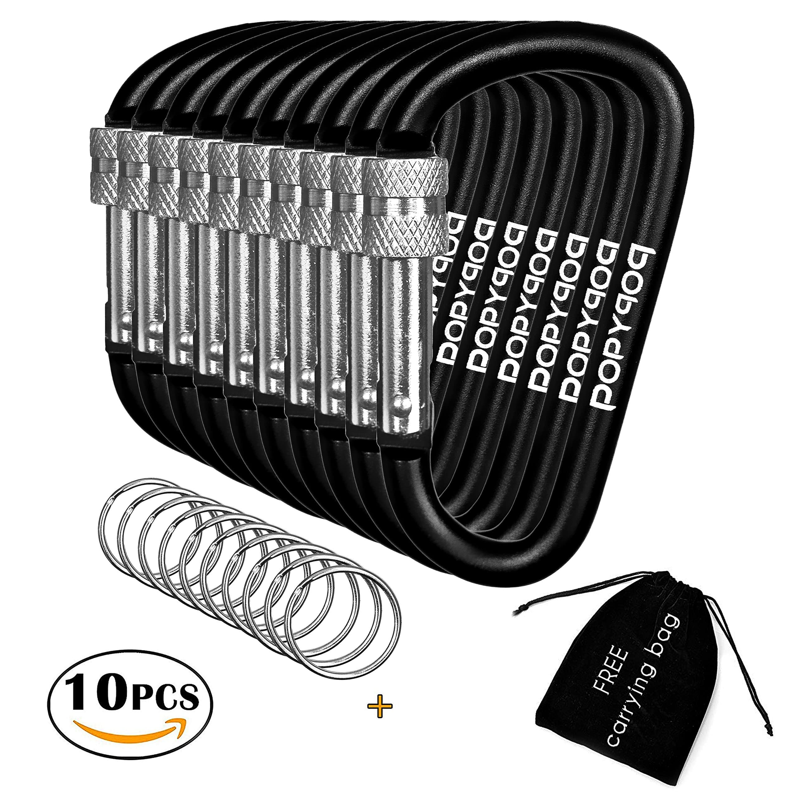 Locking carabiner with Keyring 10PCS + FREE carrying bag 6cm Small Mini Black Keychain Clip Carabiner with Screw Lock for Keys. Perfect for Outdoor / Camping / Hiking / Traveling / Fishing / Backpack and other Adventures