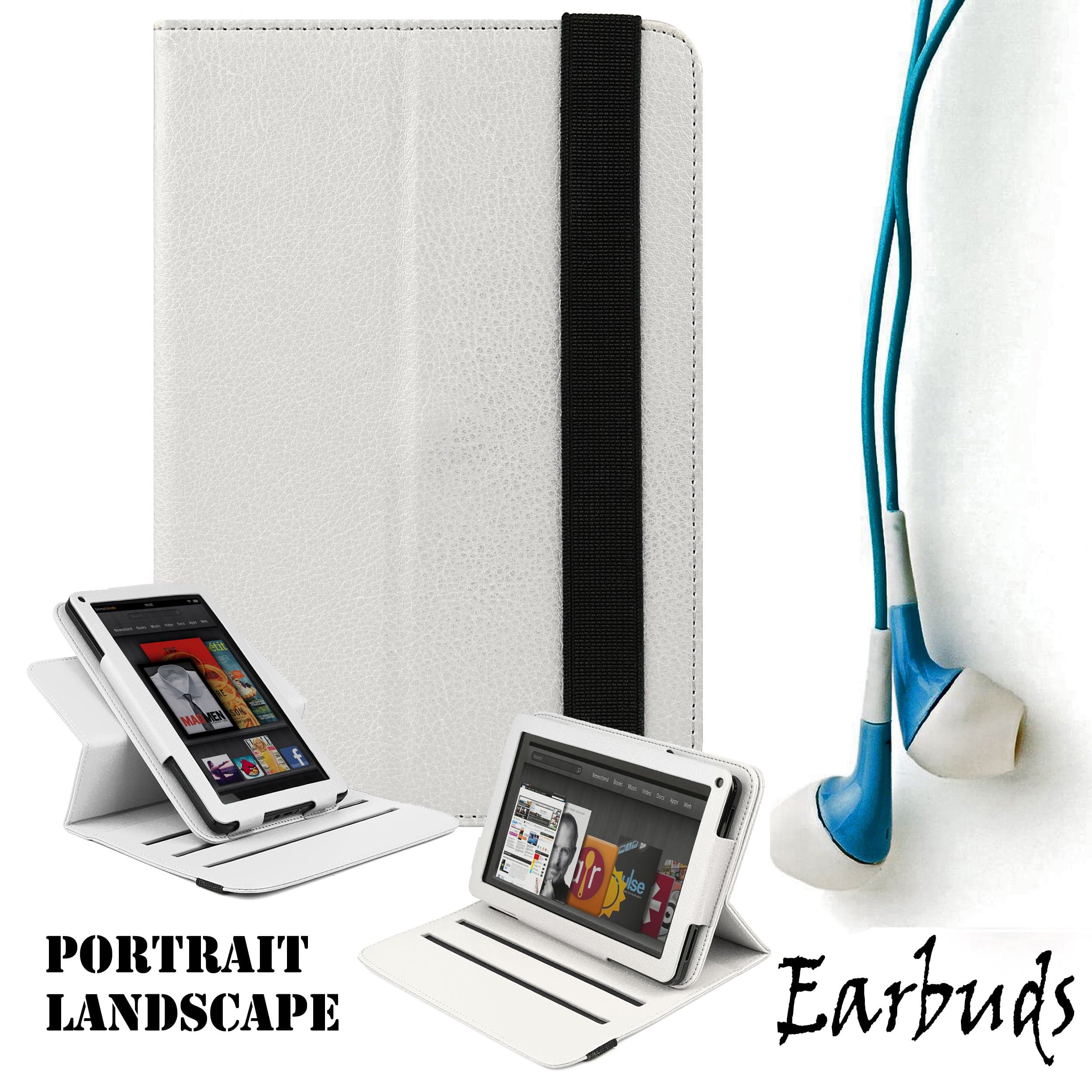 White Premium Limited Executive Portfolio Leather Cover Sleeve Carrying Case with Tilt Options for Kindle Fire Full Color 7 inch Multi Touch Display, Wi Fi and Earbuds