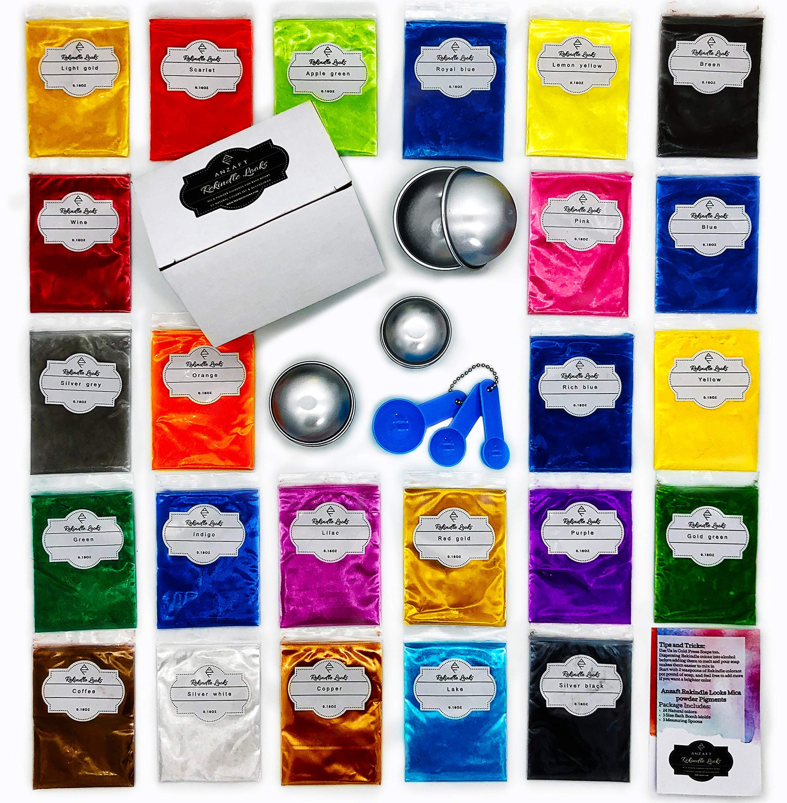 Mica Powder Collection of 24 Organic Colors with 3 Set (3 Sizes) Bath Bomb Mold & Spoons – All in one Cosmetic Grade Mica Bath Bomb Kit, Pigment Powder for Slime, Soap Colorant & Epoxy Resin Dye