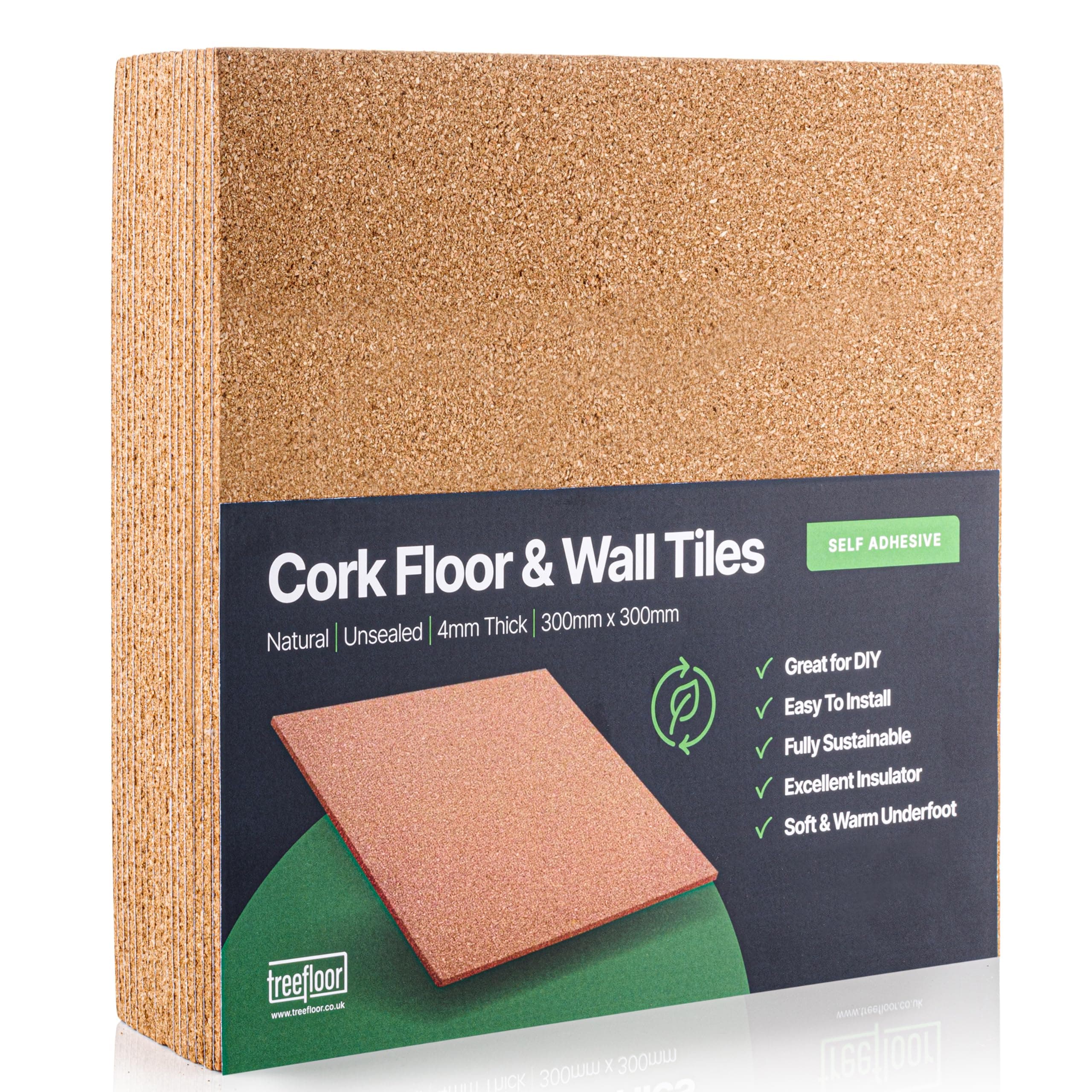 Natural Self-Adhesive Cork Tiles - 300mm x 300mm x 4mm (300mm x 300mm x 4mm, 50, Tiles)
