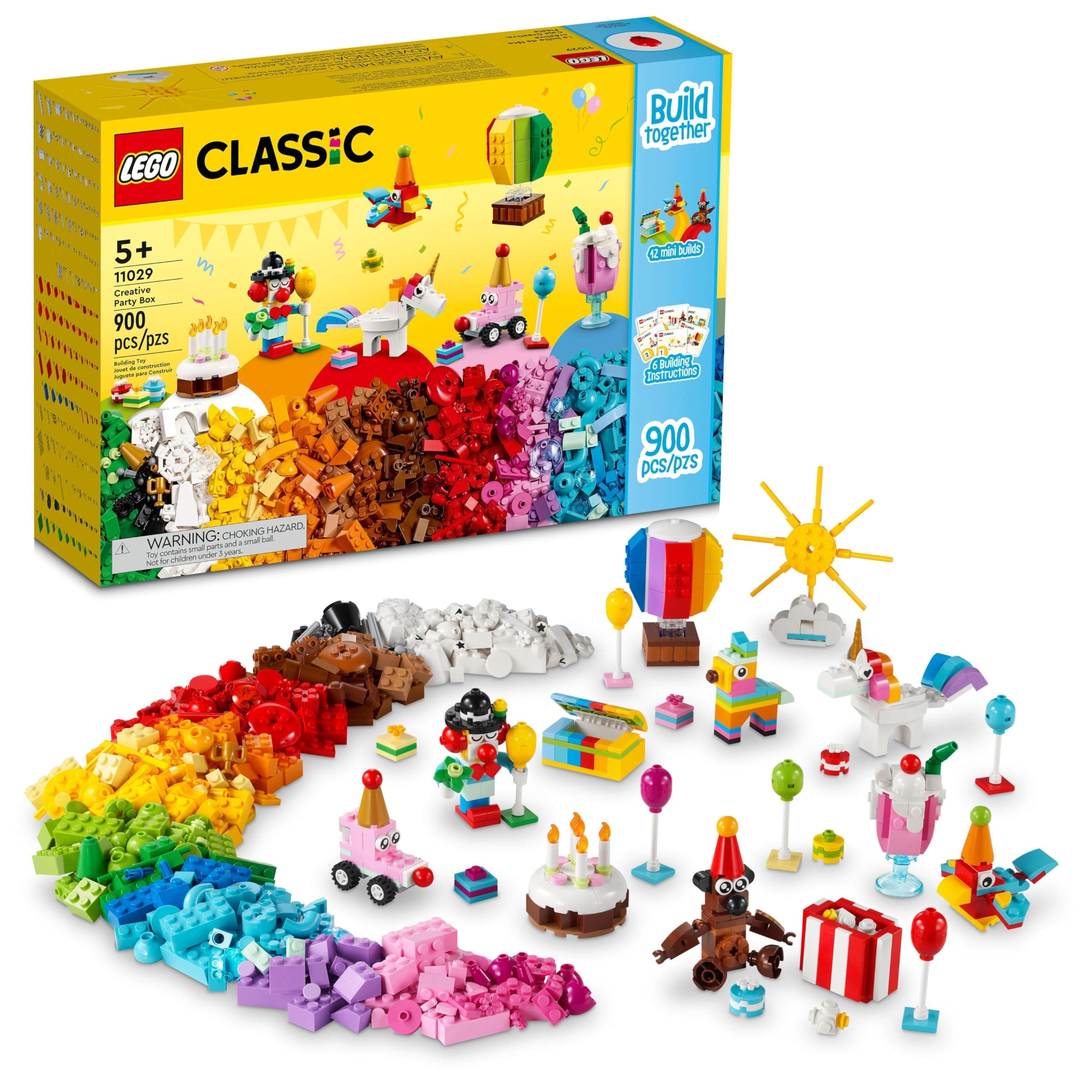 LEGOClassic Creative Party Box Bricks Set 11029, Play and Be Inspired by LEGO Masters, Family Game, Fun for All Ages, with 12 Mini-Build Toys: Teddy Bear, Clown, Unicorn