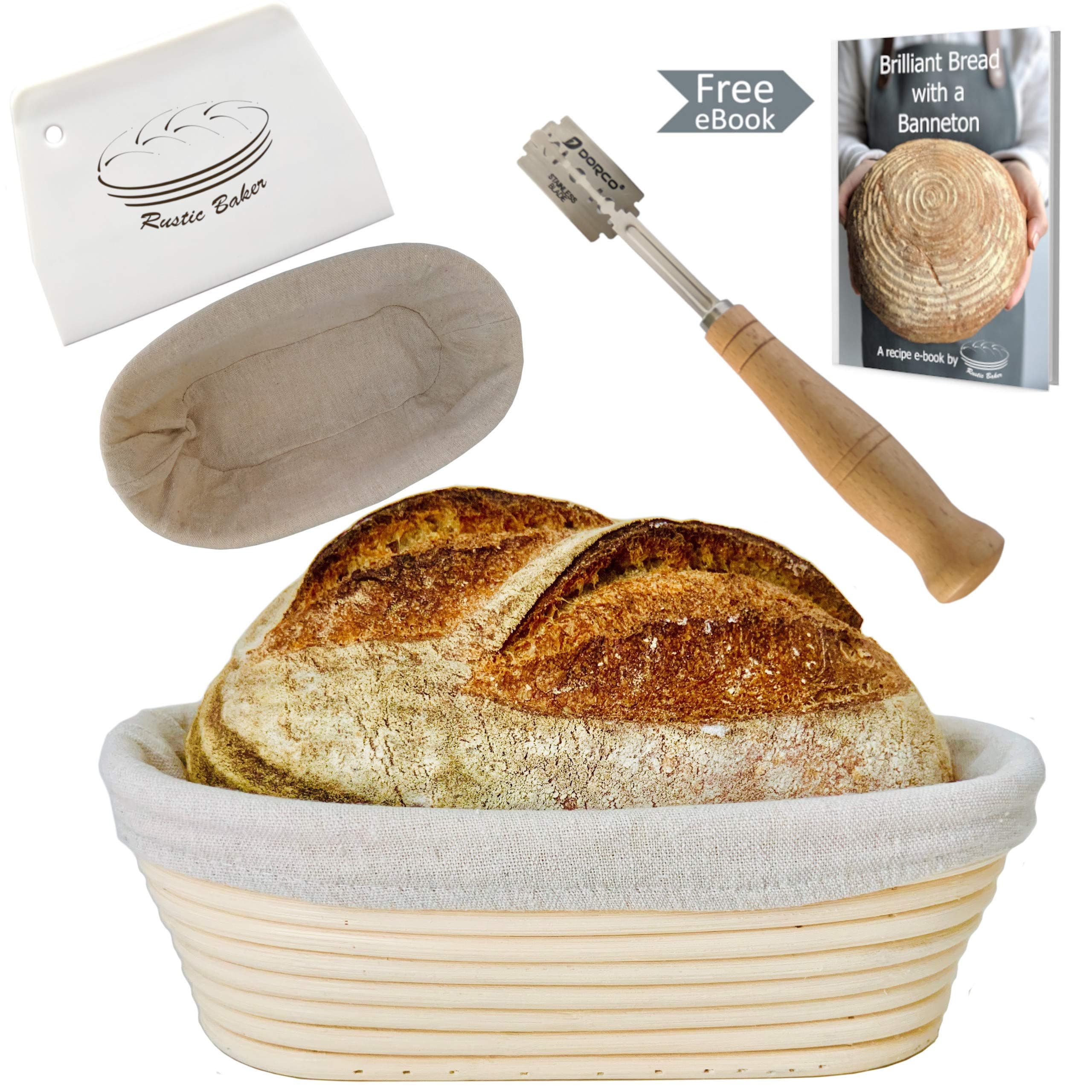 Rustic Baker Oval Banneton Proofing Basket Set | Bread Making Kit | 10 inches | Bread Lame, Linen Cloth, Scraper & EBook Included | Brotform for Artisan Bread | Professional Sourdough Proving Bowl