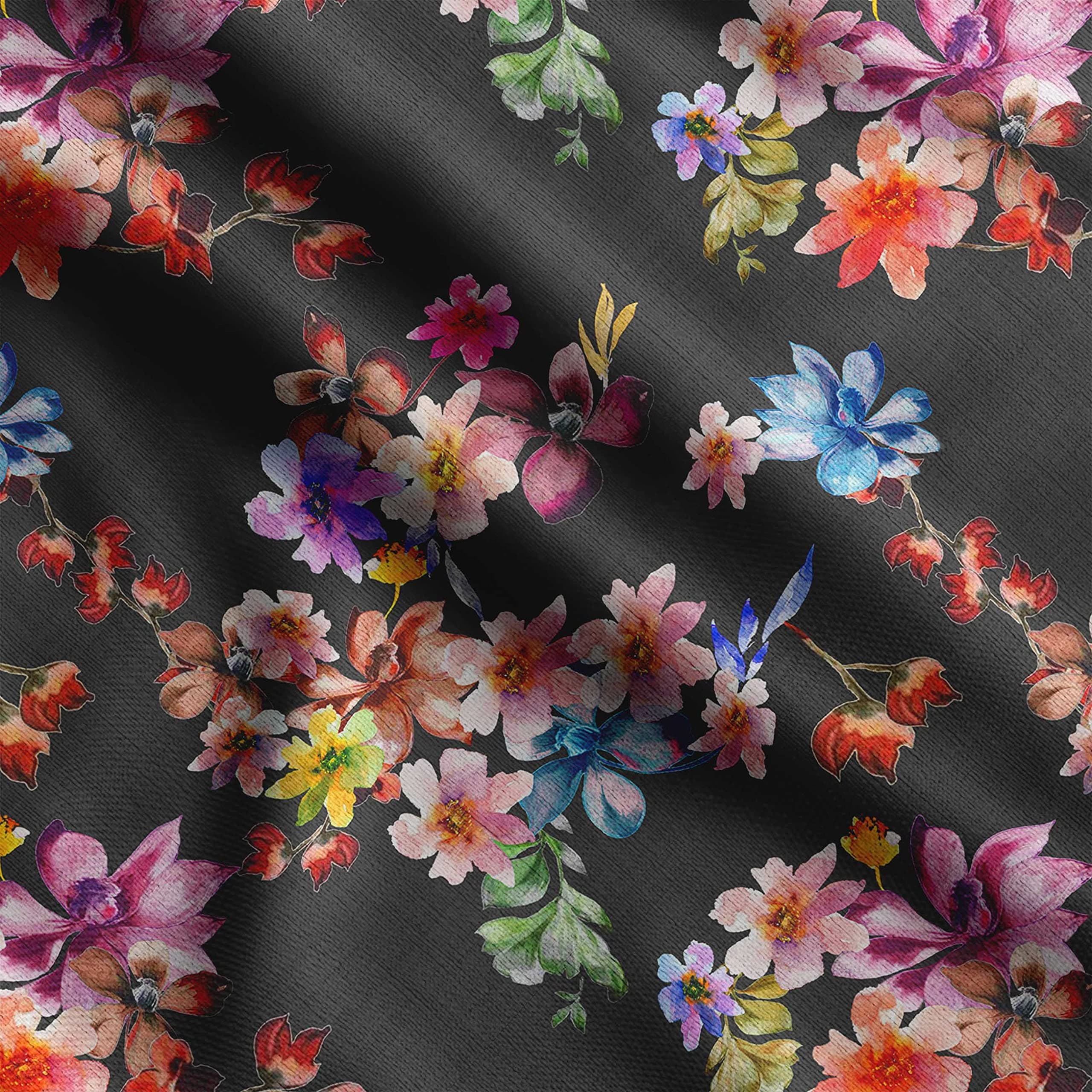 Soimoi Dark Gray Georgette Viscose Fabric Leaves & Peony Floral Print Fabric by The metre 42 Inch Wide