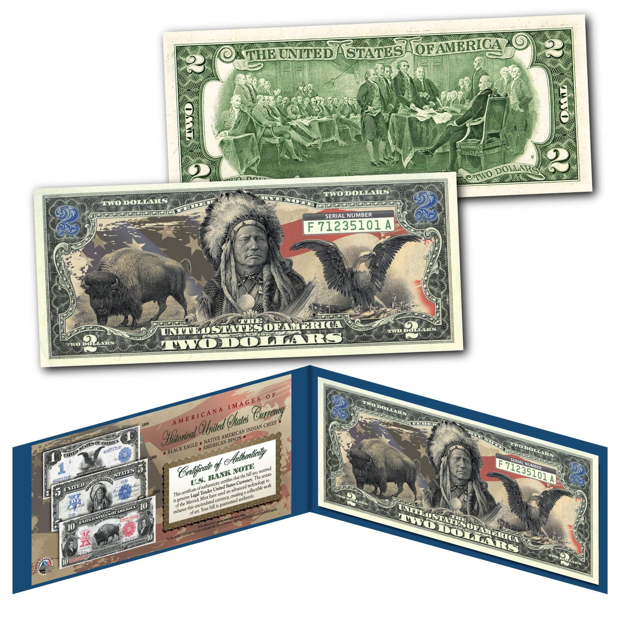 Americana Images Buffalo Bison Black Eagle Native American Chief Uncirculated Two Dollar Bill Special Edition Collectible Display Holder and Certificate