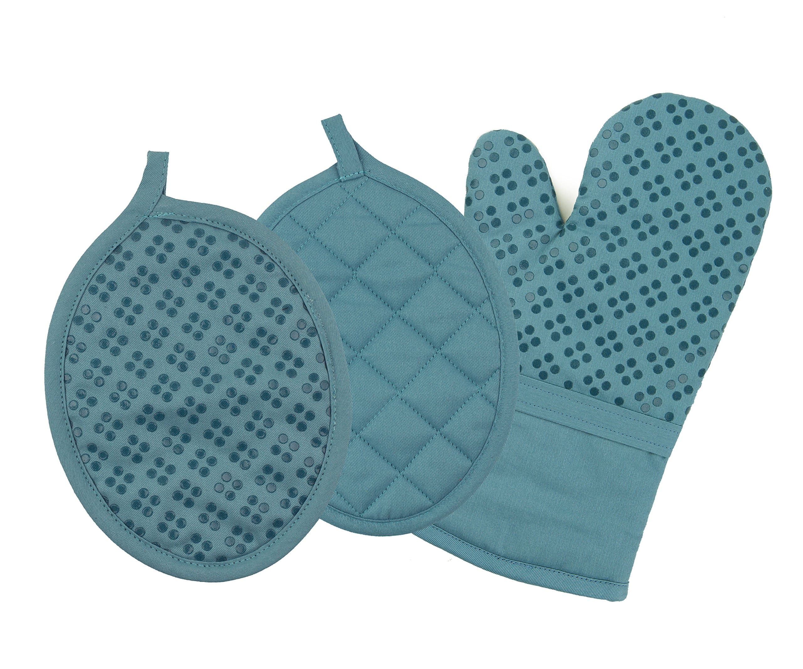Sticky Toffee Oven Mitt and Pot Holder Set of 3 – Blue Non-Slip Kitchen Hot Pads and Mitts with Silicone Grip, 100% Cotton Shell, Oeko-Tex Cotton